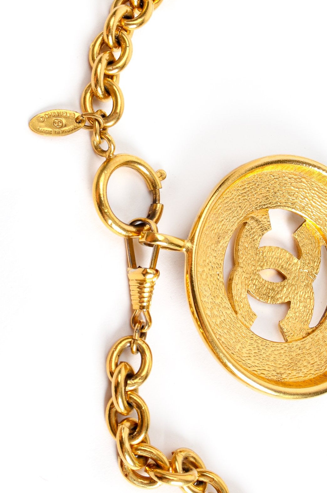 Vintage Chanel Long CC Logo Medallion Pendant backside at Recess Los Angeles