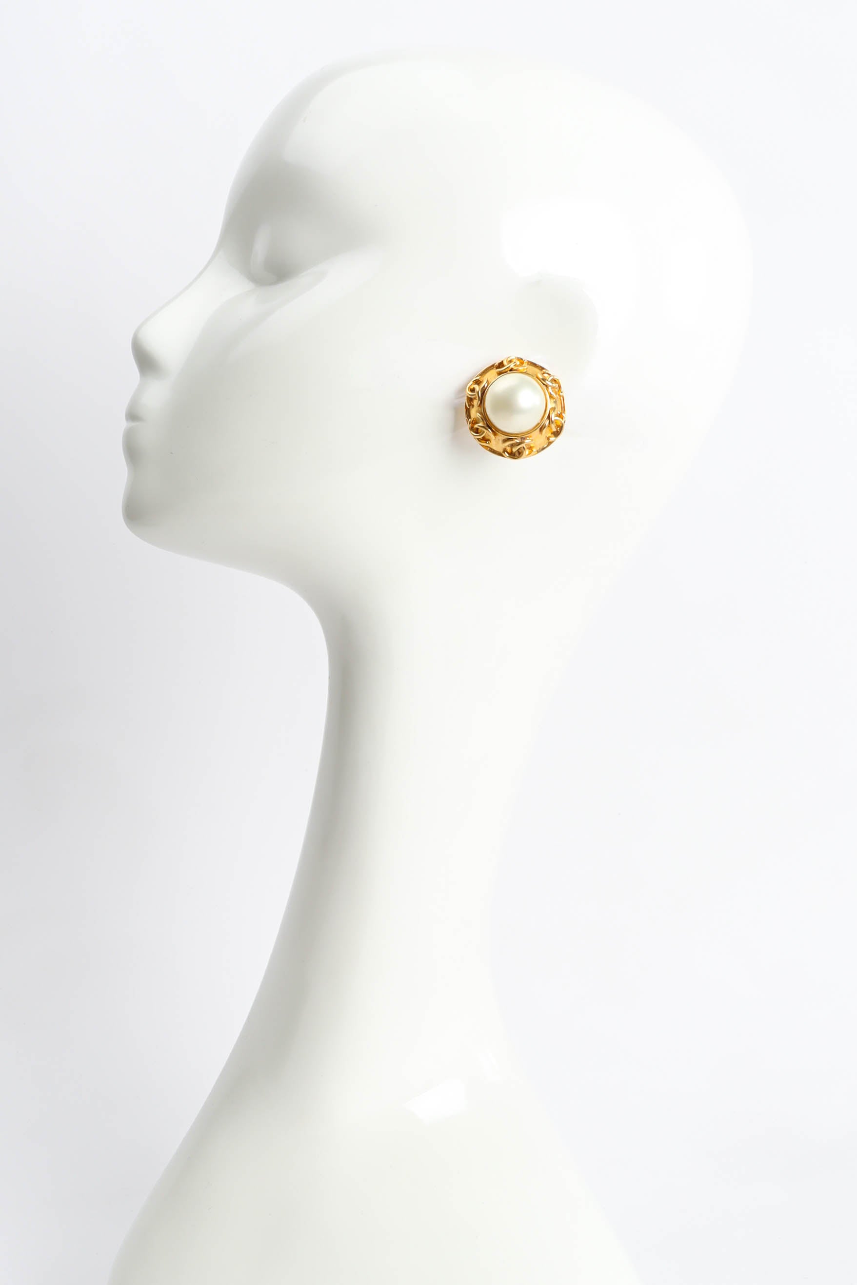 Vintage 1994 Chanel CC Monogram Pearl Earrings on mannequin @ Recess Los Angeles