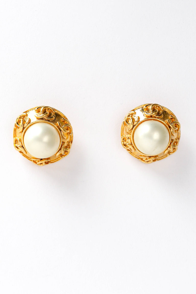 Vintage 1994 Chanel CC Monogram Pearl Earrings top view @ Recess Los Angeles