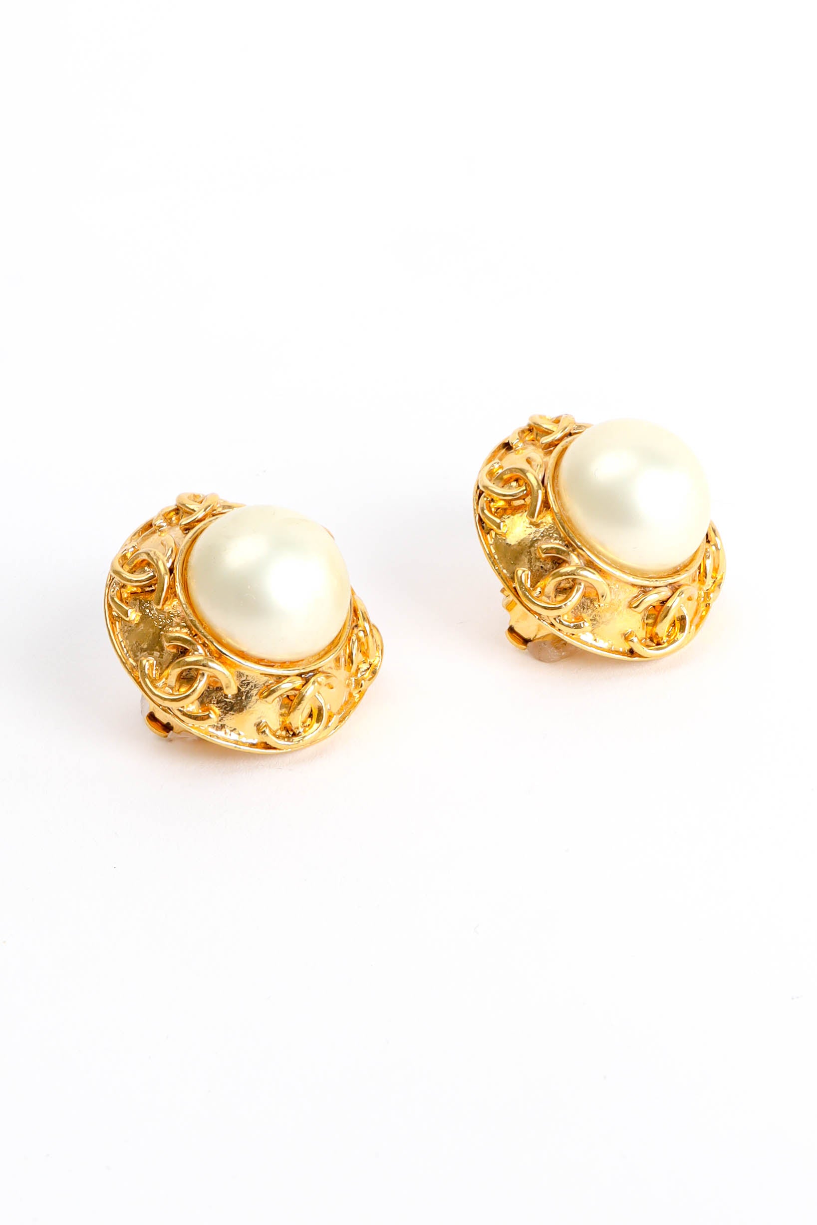 Vintage 1994 Chanel CC Monogram Pearl Earrings front @ Recess Los Angeles