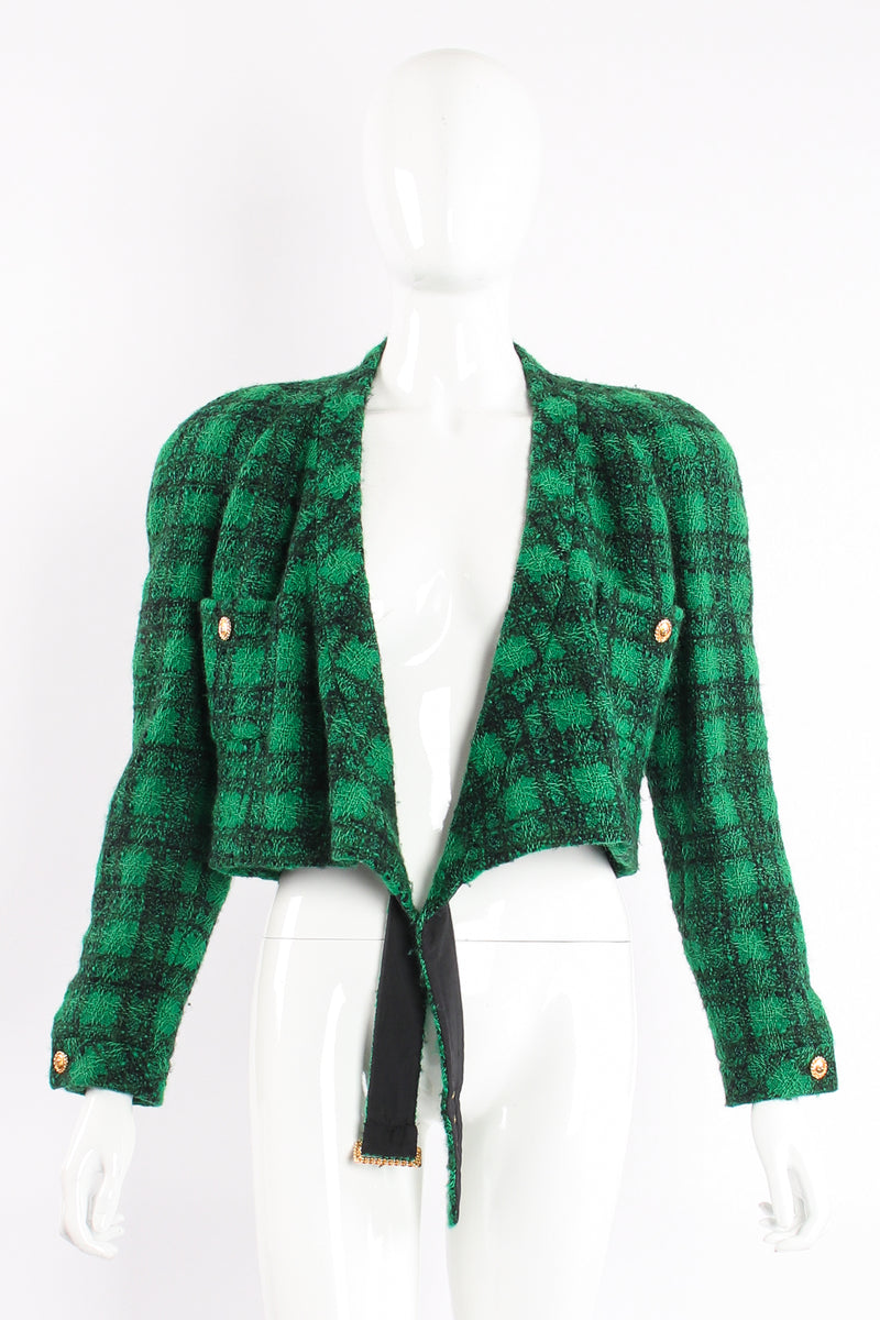 Vintage Chanel Bouclé Plaid Tweed Wrap Jacket on Mannequin Front open at Recess Los Angeles