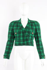 Vintage Chanel Bouclé Plaid Tweed Wrap Jacket on Mannequin Front at Recess Los Angeles