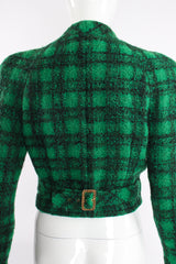 Vintage Chanel Bouclé Plaid Tweed Wrap Jacket on Mannequin back buckle at Recess Los Angeles