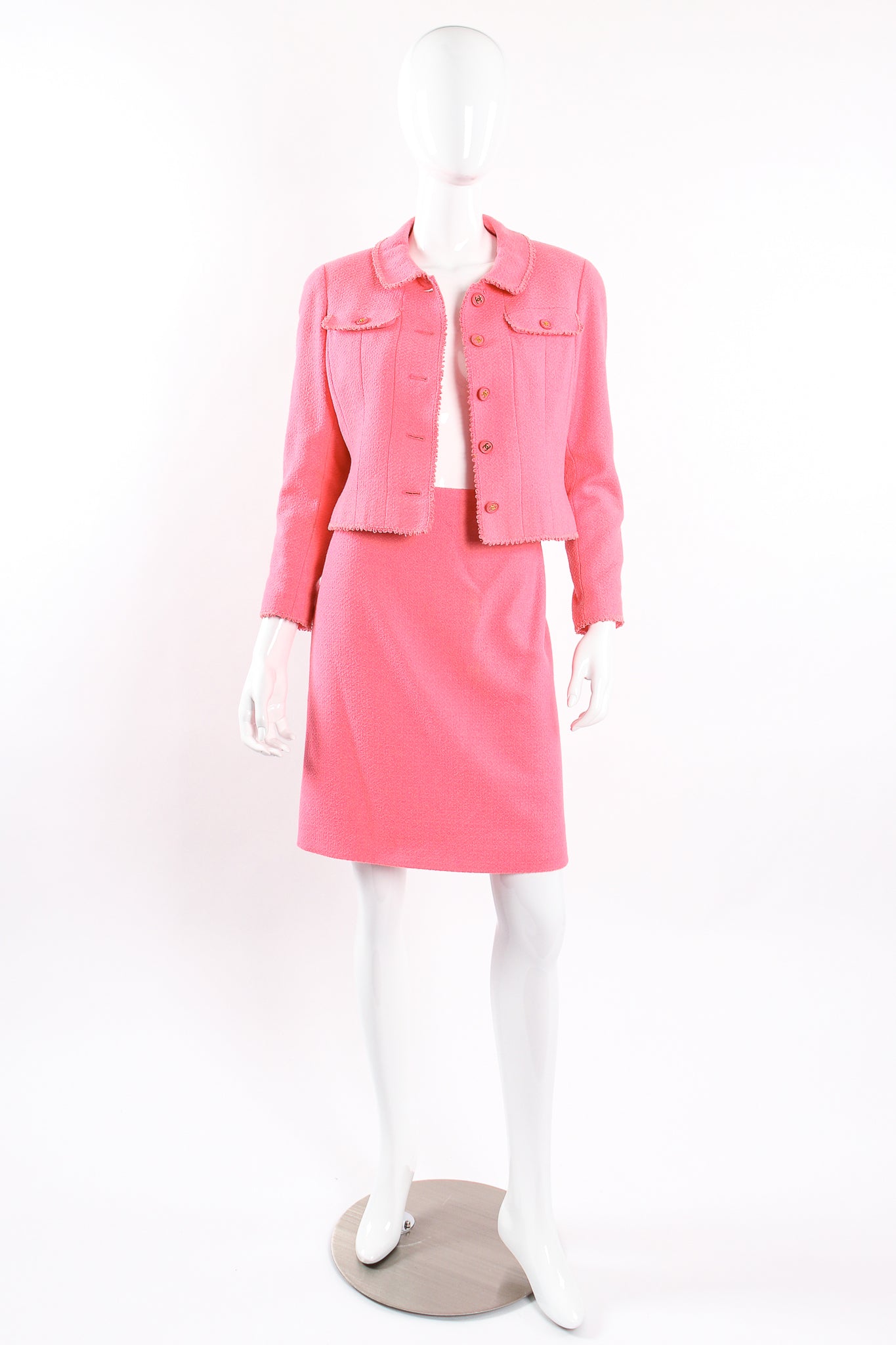 Vintage Chanel SS 1997 Crochet Trim Tweed Jacket & Skirt Set on Mannequin open at Recess LA