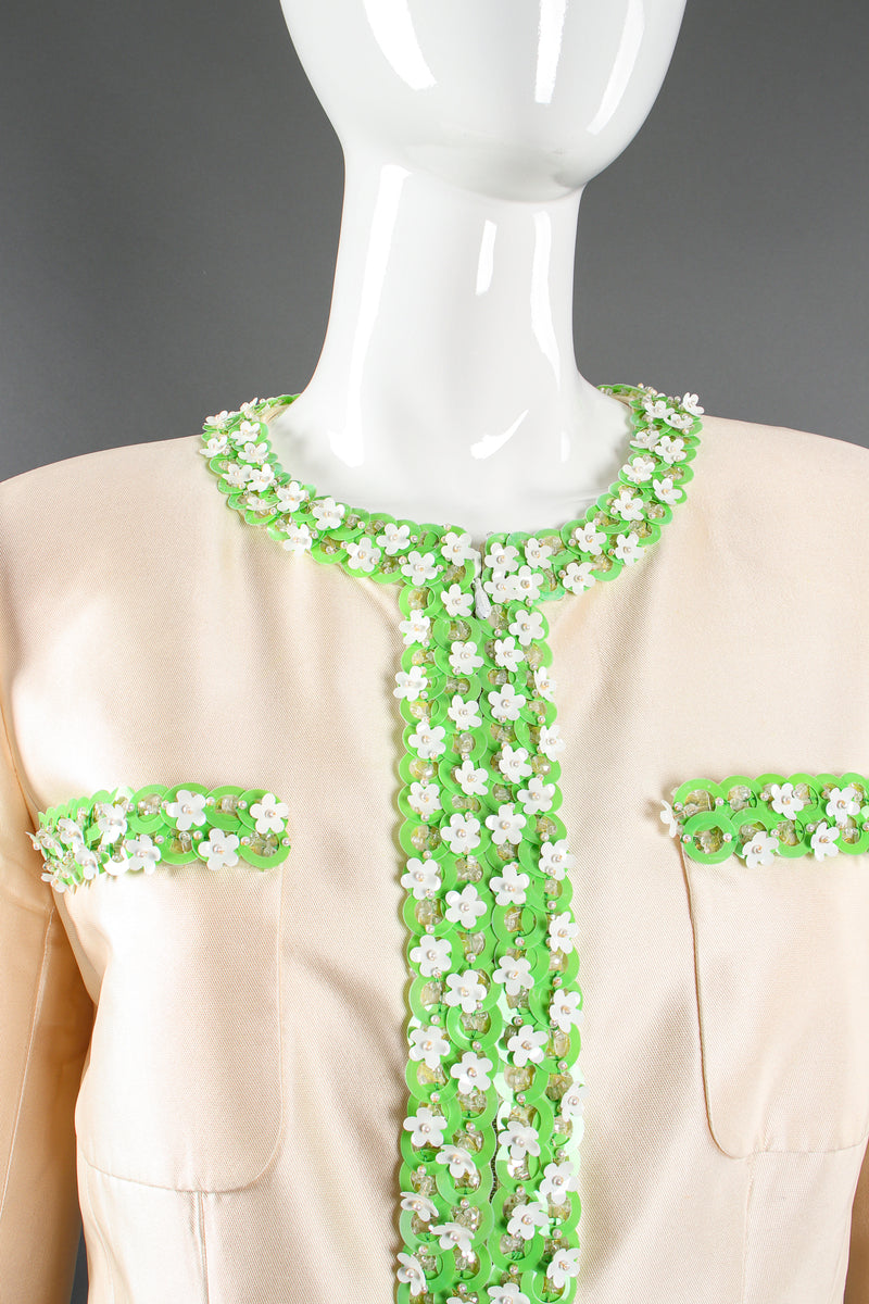 Vintage Chanel 1996P Daisy Bead Jacket & Skirt Suit Bridal Wedding on Mannequin collar @ Recess LA