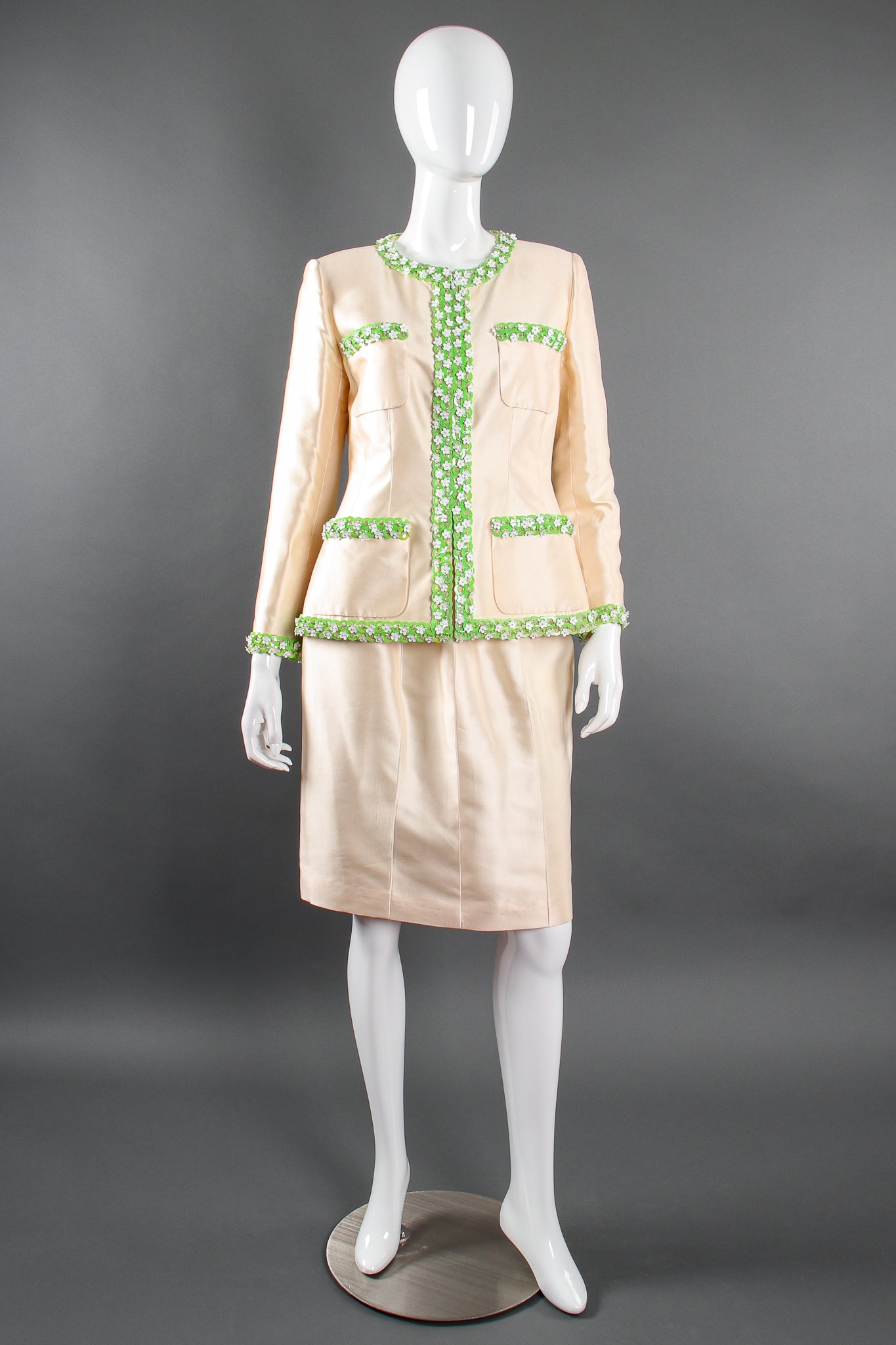 Vintage Chanel 1996P Daisy Bead Jacket & Skirt Suit Bridal Wedding on Mannequin front @ Recess LA