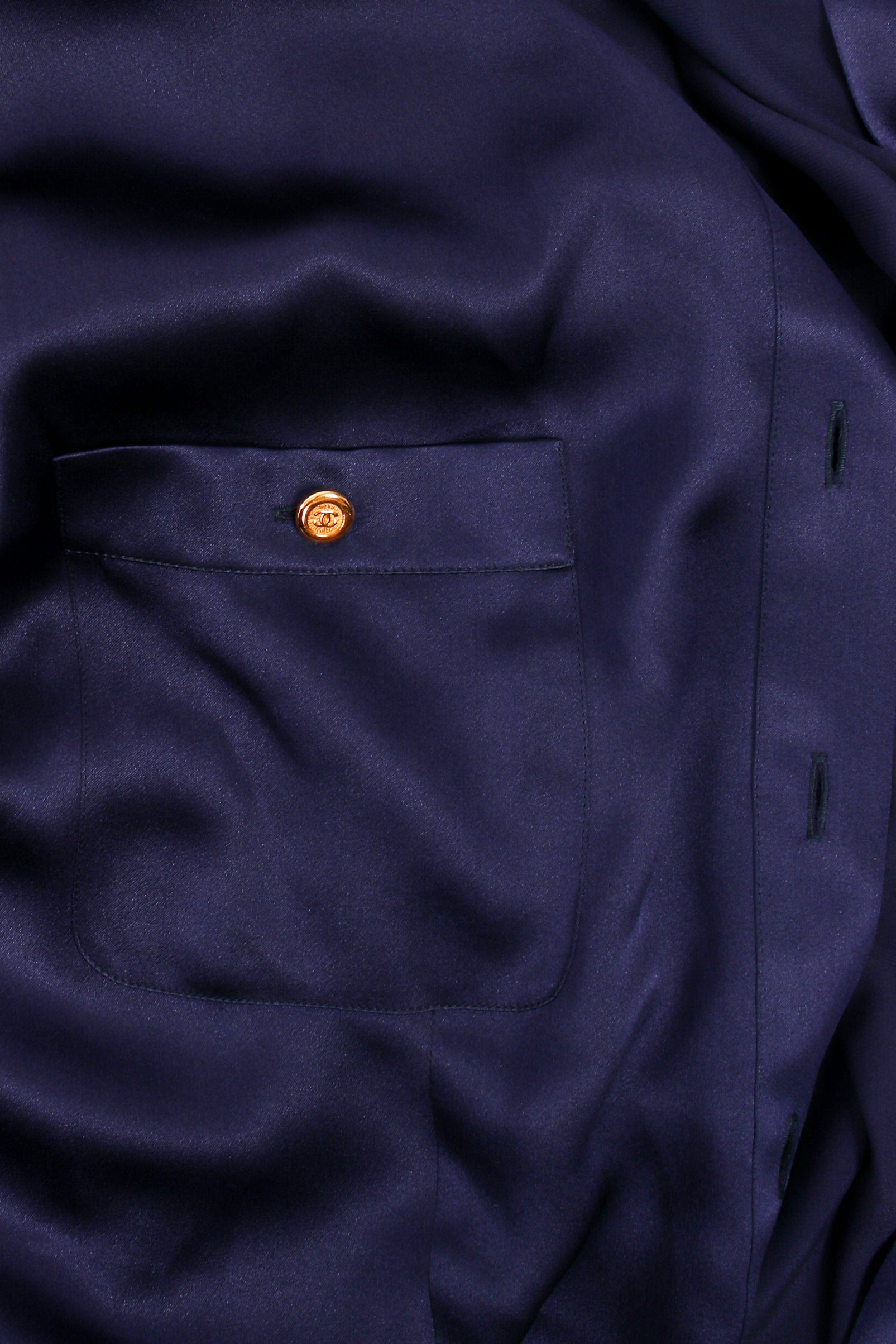 Vintage Chanel Navy Satin Button Pocket Blouse pocket at Recess Los Angeles