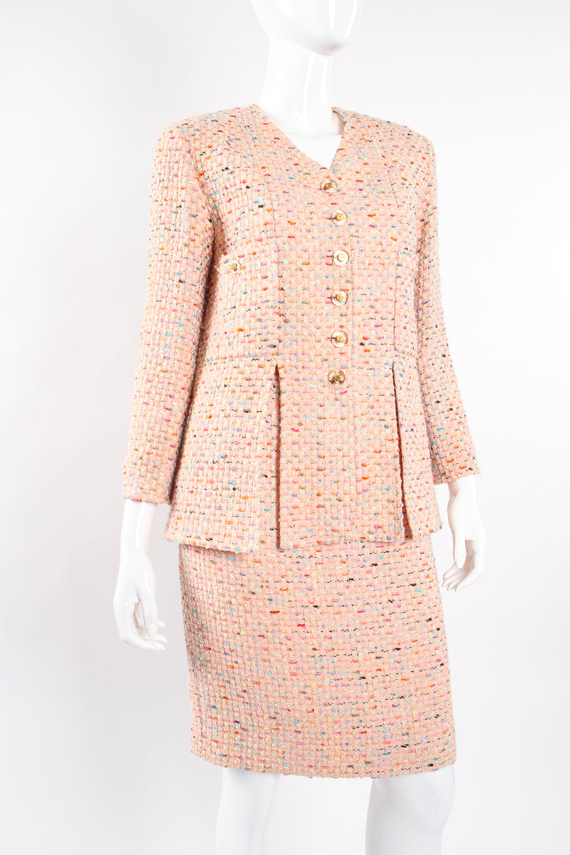 Vintage Chanel SS 1994 Runway Bouclé Tweed Vent Jacket & Skirt Set on Mannequin crop at Recess LA