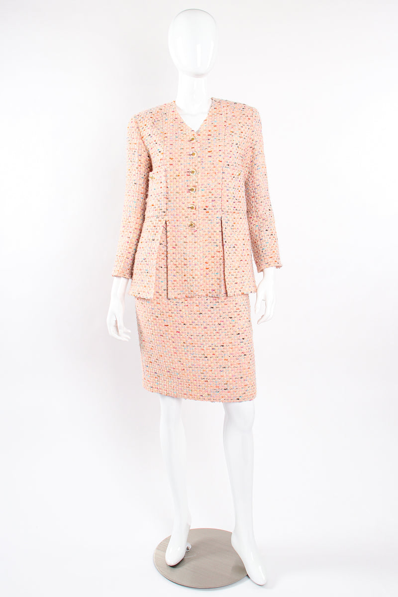 Vintage Chanel SS 1994 Runway Bouclé Tweed Vent Jacket & Skirt Set on Mannequin front at Recess LA