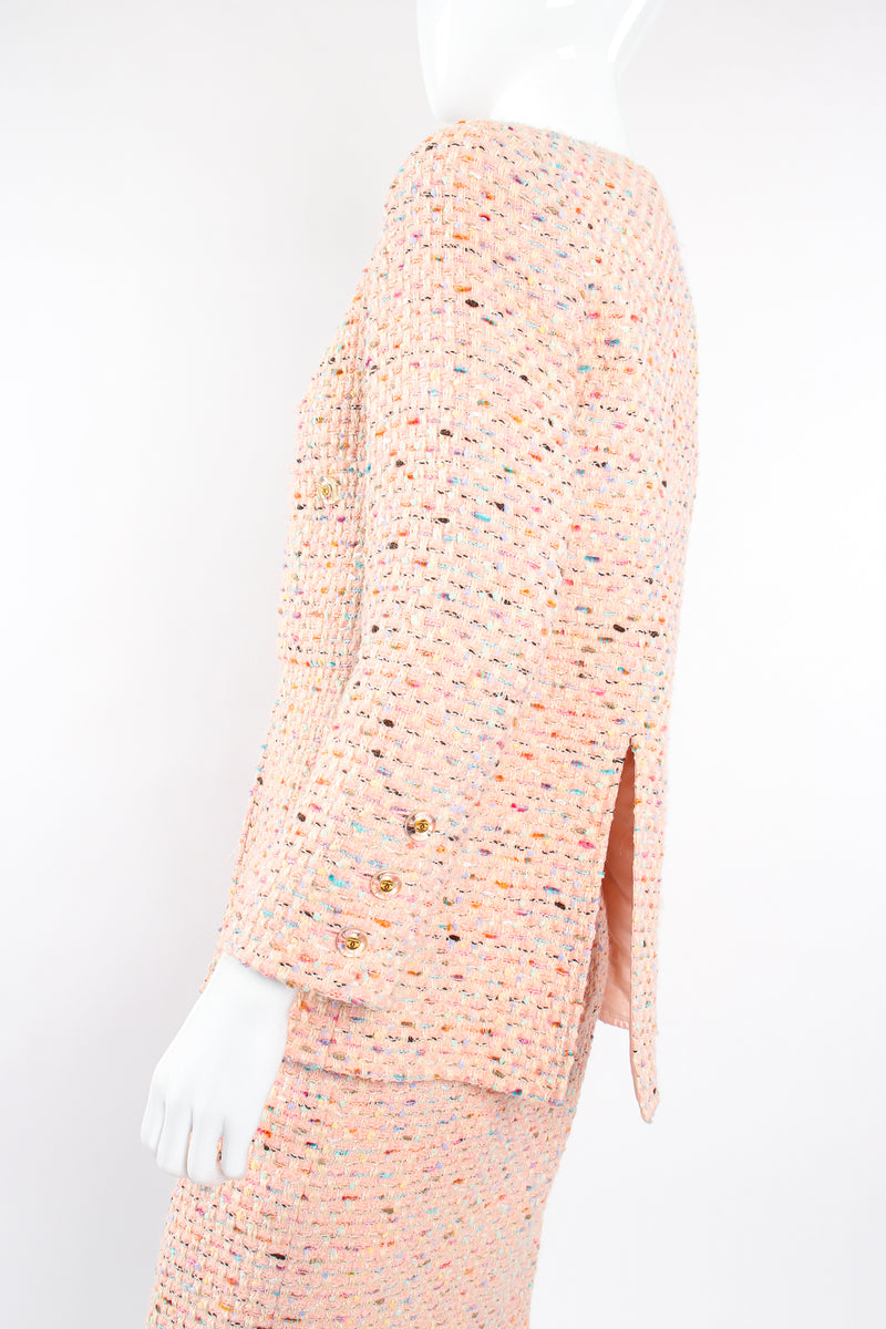 Vintage Chanel SS 1994 Runway Bouclé Tweed Vent Jacket & Skirt Set on Mannequin back angle @ Recess