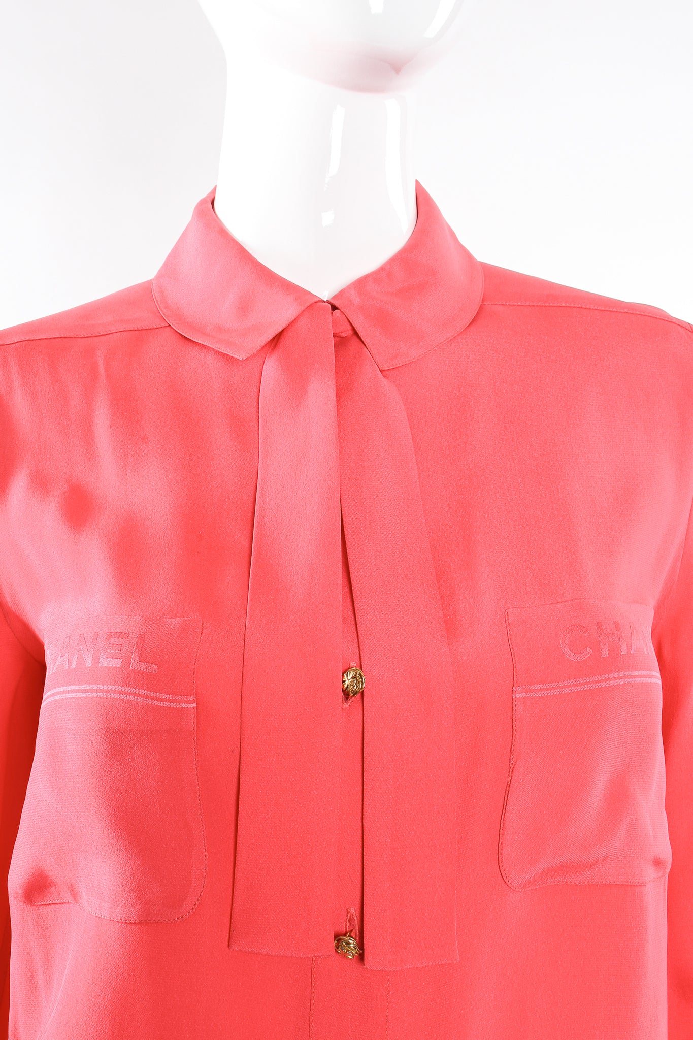 Vintage Chanel Silk Ribbon Tie Shirt on Mannequin neck at Recess Los Angeles