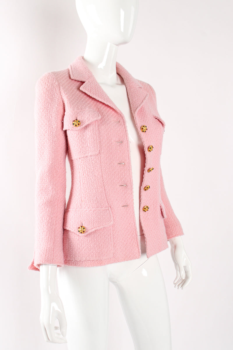 Vintage Chanel Autumn 1996 Runway Bouclé Tweed Gripoix Button Jacket on mannequin open at Recess LA