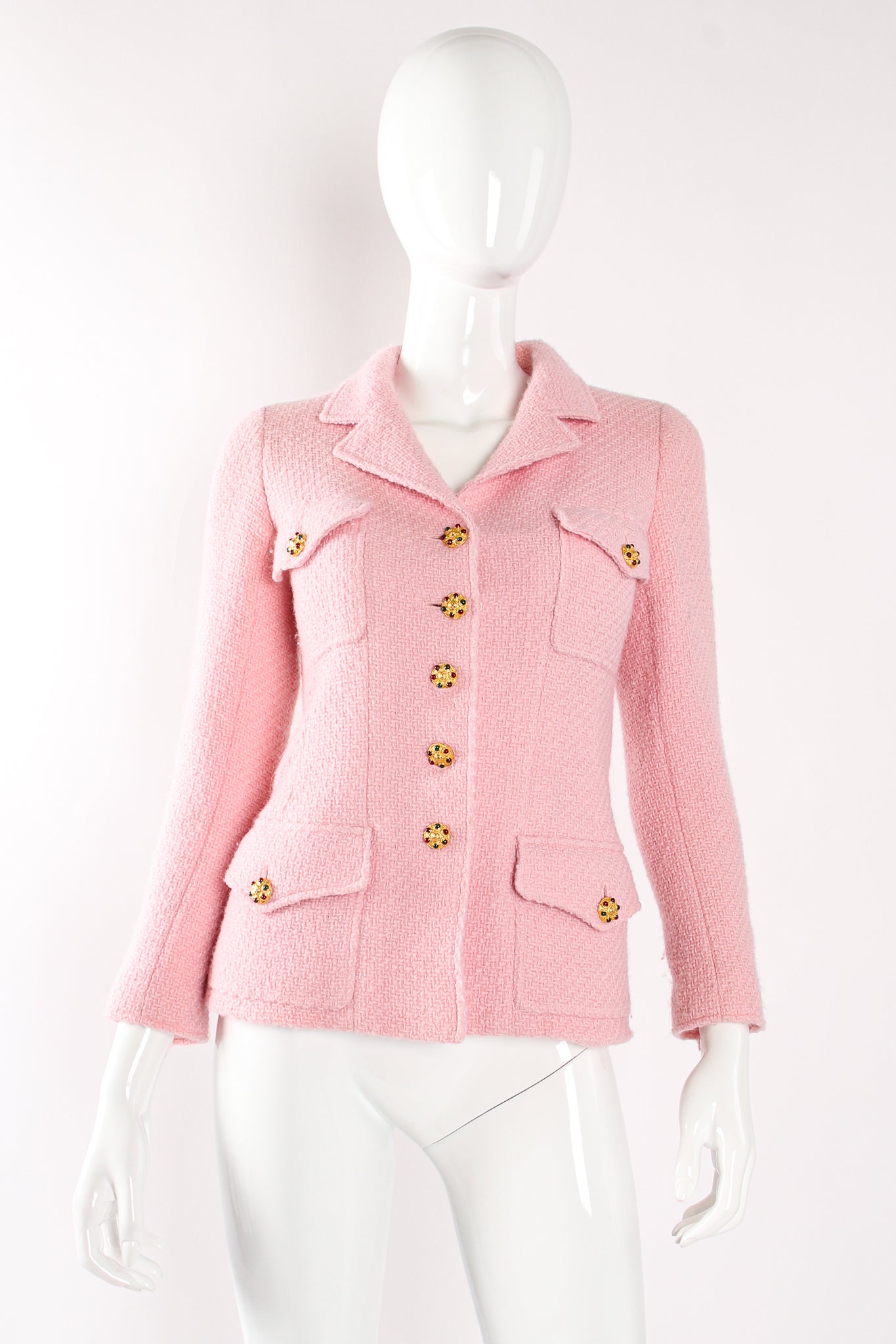 Vintage Chanel Autumn 1996 Runway Bouclé Tweed Gripoix Button Jacket on mannequin front at Recess LA