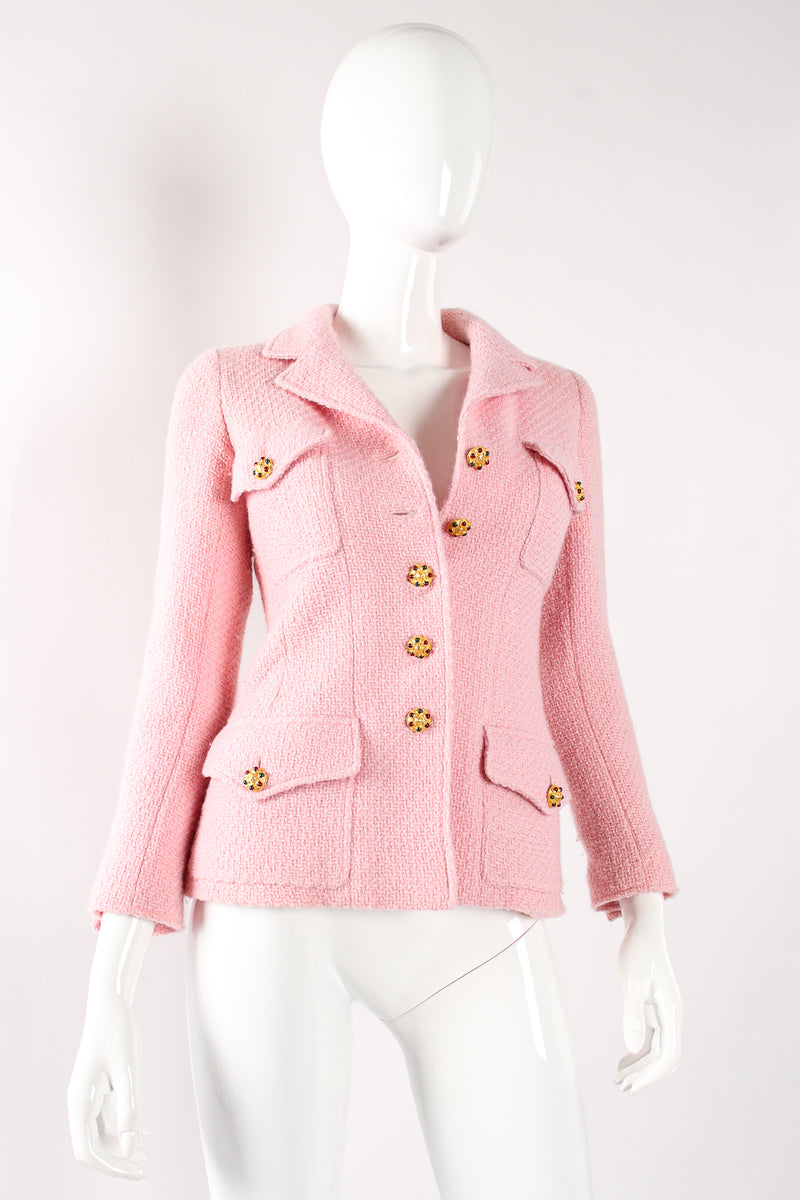 Vintage Chanel Autumn 1996 Runway Bouclé Tweed Gripoix Button Jacket on mannequin angle at Recess LA