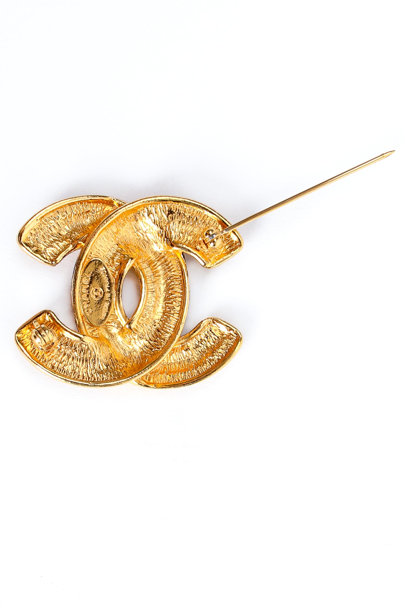 Vintage Chanel Quilted Interlocking CC Logo Brooch backside at Recess Los Angeles