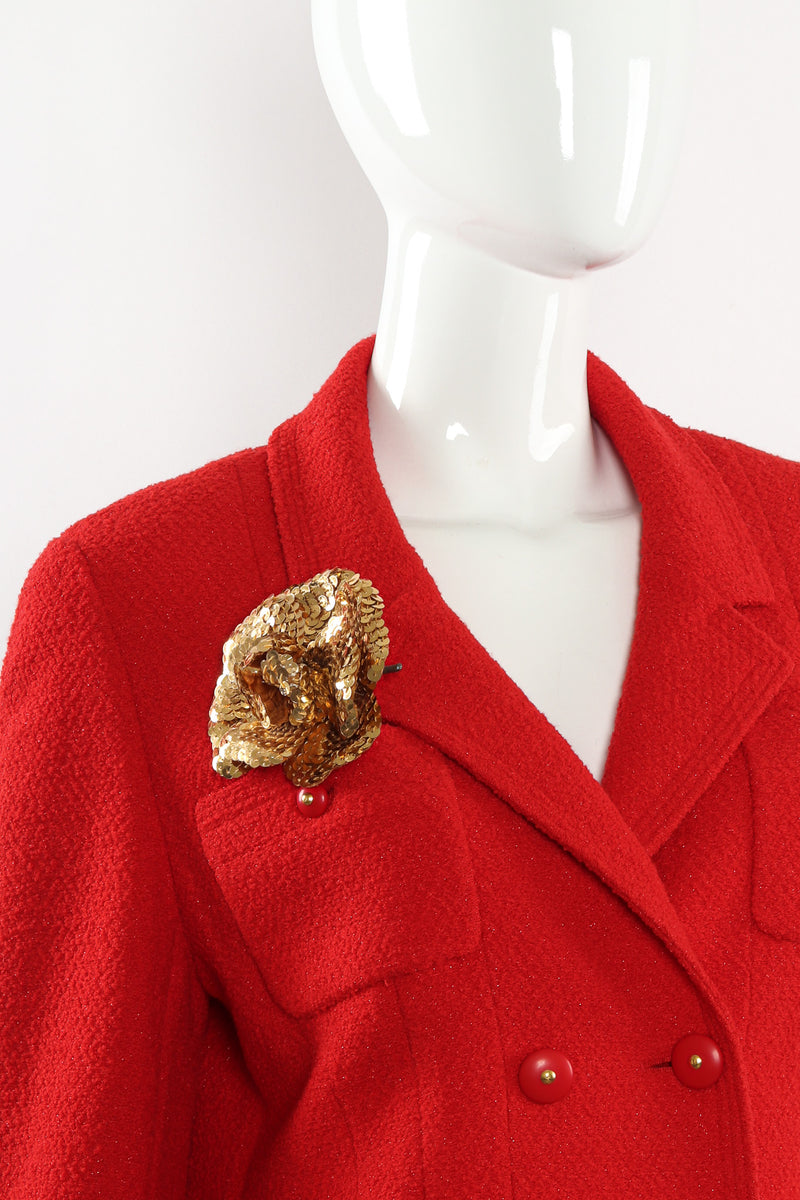 VIntage Chanel 1985 Gold Sequin Camellia Flower Pin on mannequin @ Recess LA