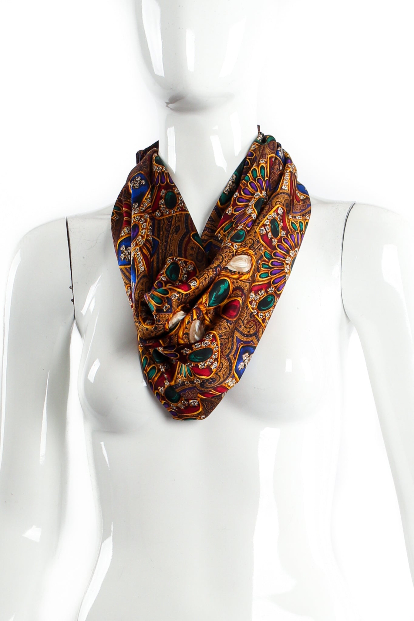 Vintage Chanel Paisley Jewel Print Silk Scarf on Mannequin Tied at Recess LA