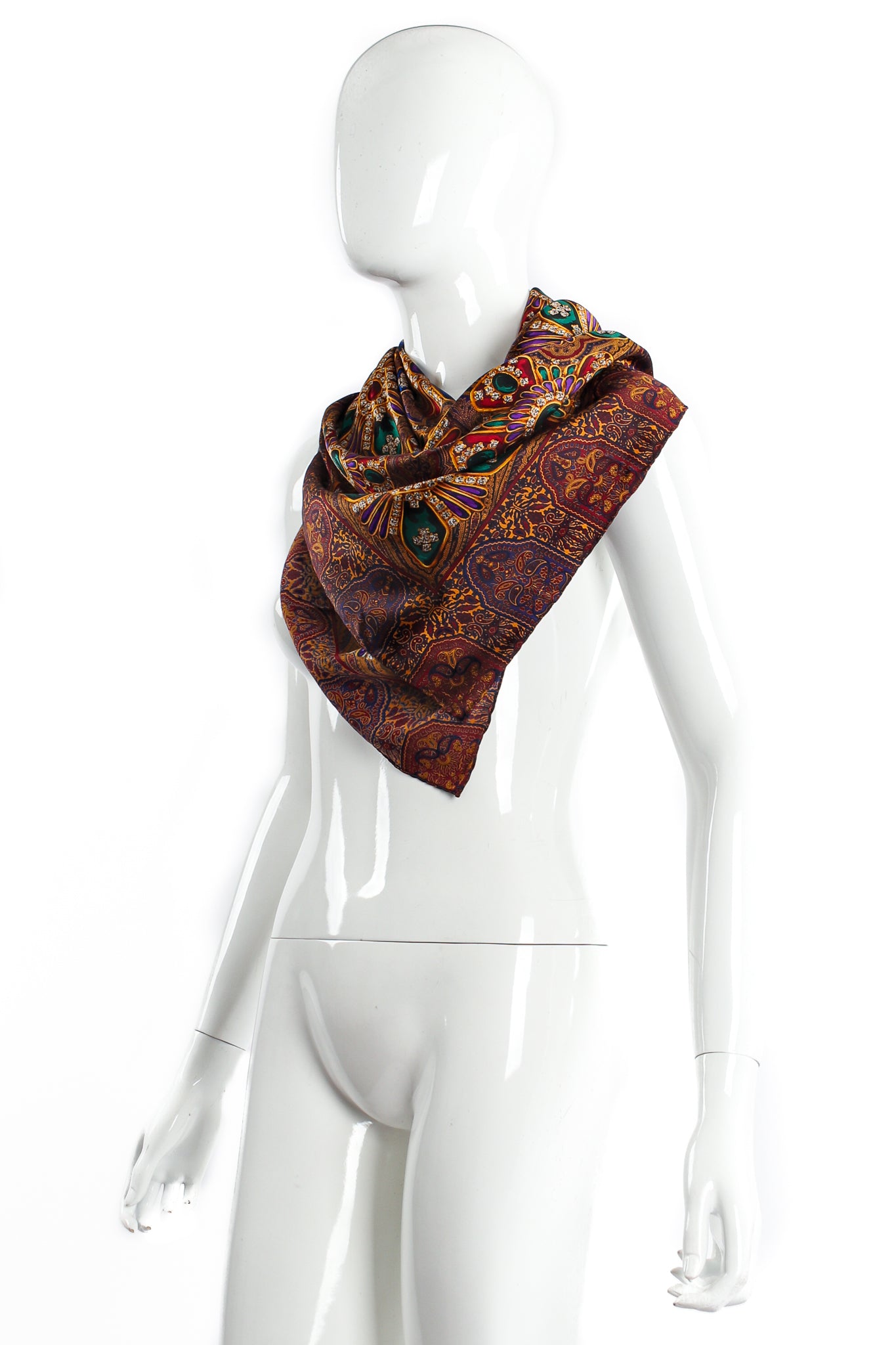 Vintage Chanel Paisley Jewel Print Silk Scarf on Mannequin Tied at Recess LA