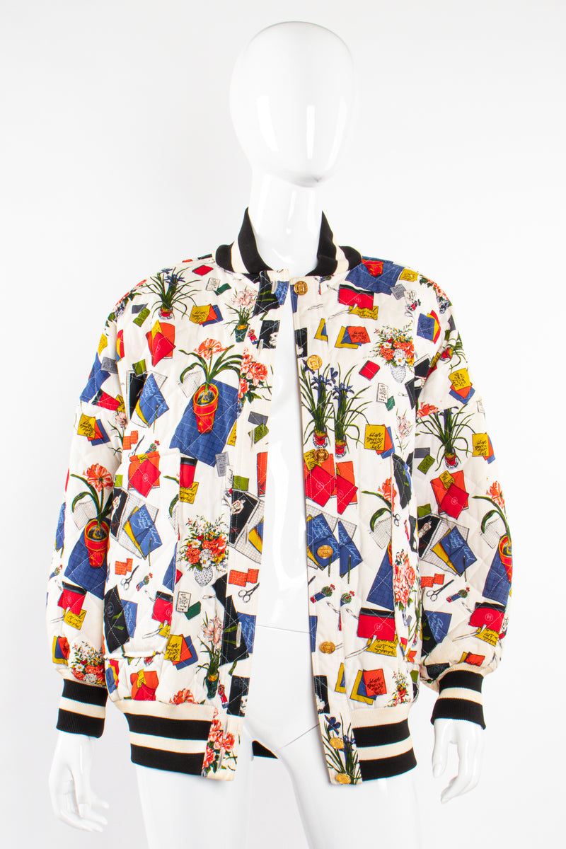 Vintage Chanel 1986 Atelier Illustration Quilted Bomber Jacket on Mannequin open @ Recess LA