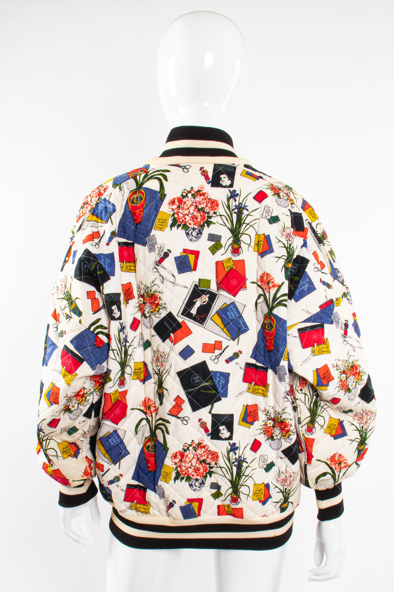 Vintage Chanel 1986 Atelier Illustration Quilted Bomber Jacket on Mannequin back @ Recess LA