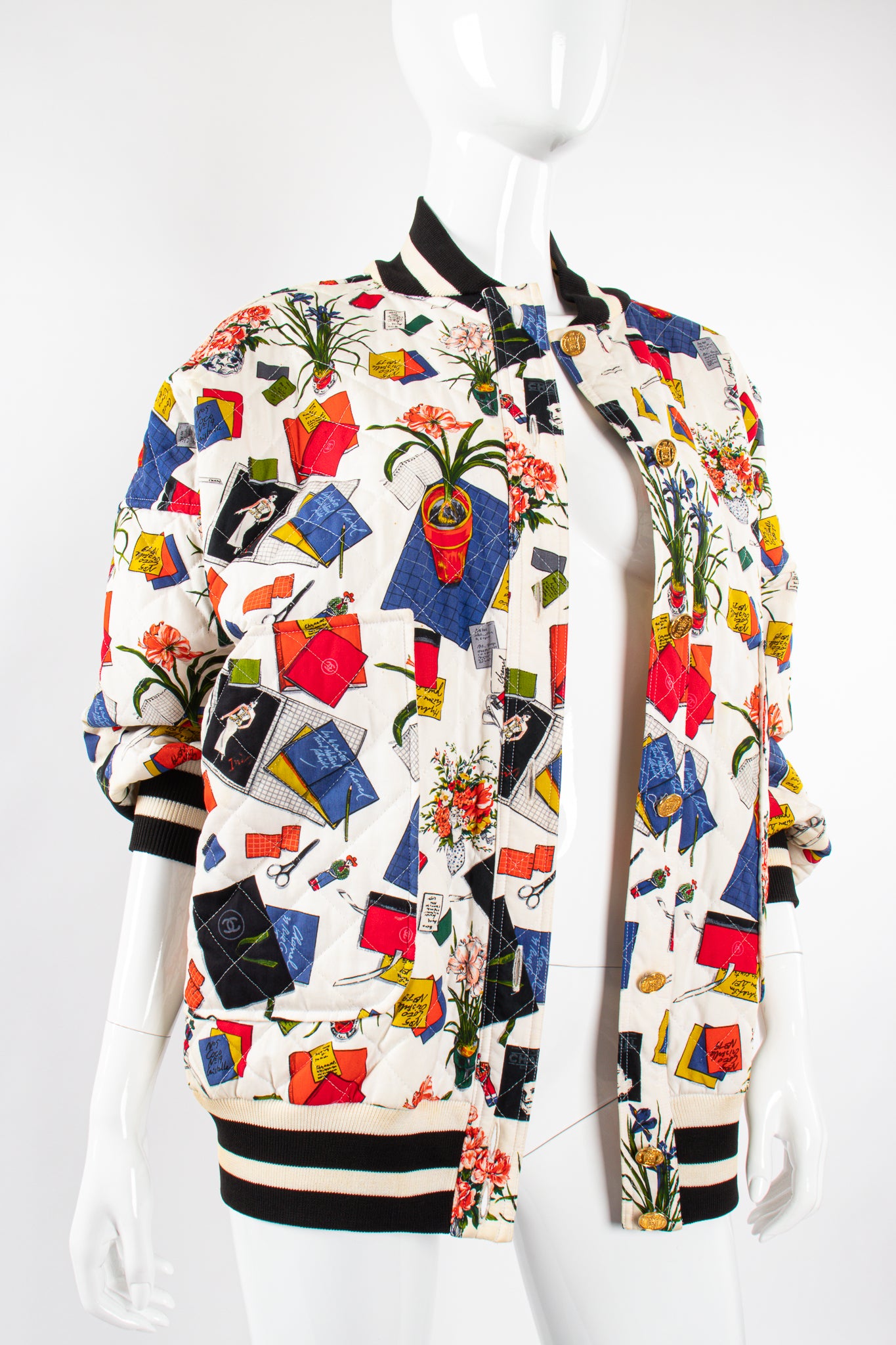 Vintage Chanel 1986 Atelier Illustration Quilted Bomber Jacket on Mannequin front angle @ Recess LA