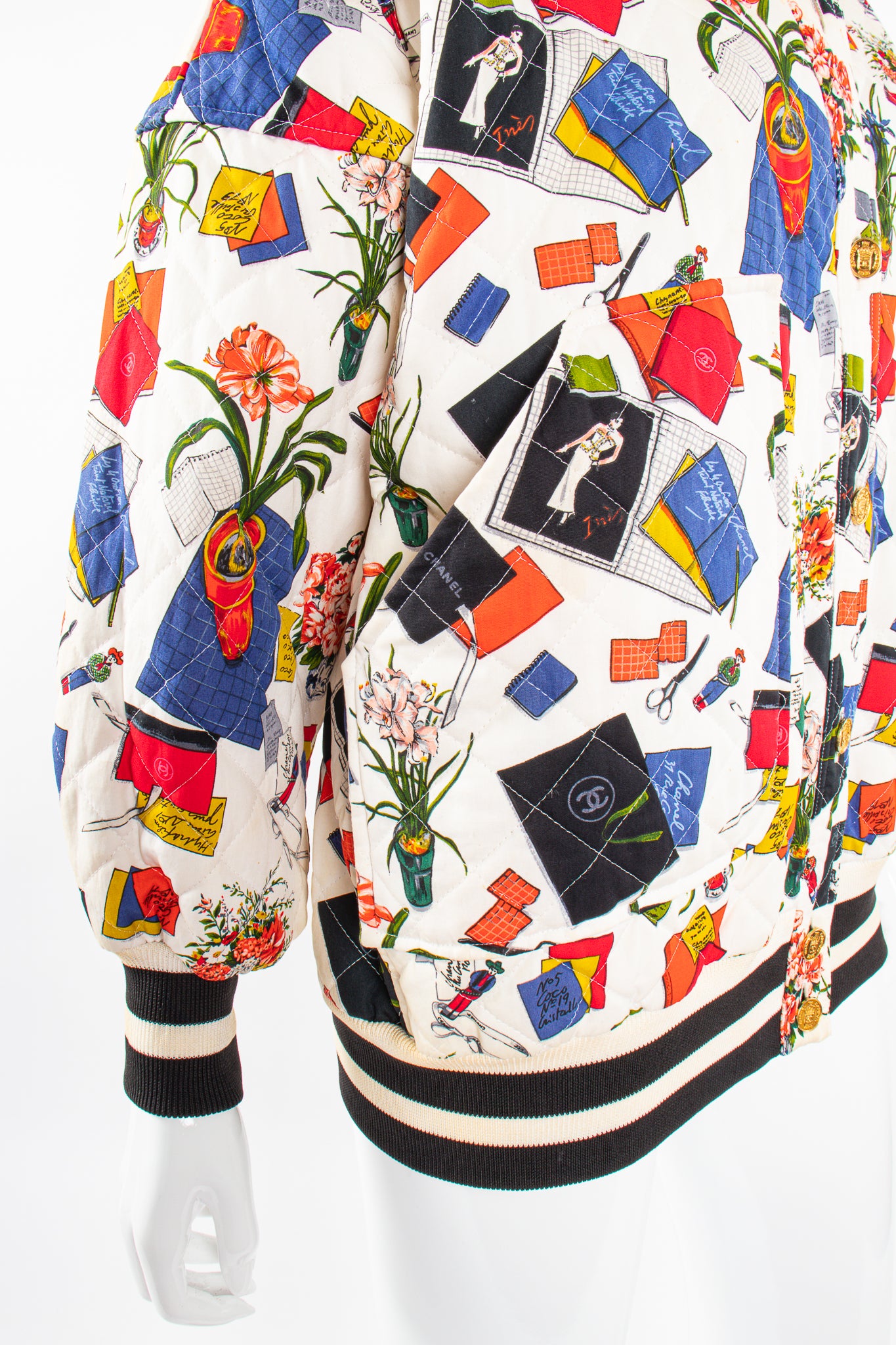 Vintage Chanel 1986 Atelier Illustration Quilted Bomber Jacket Mannequin pocket @ Recess LA