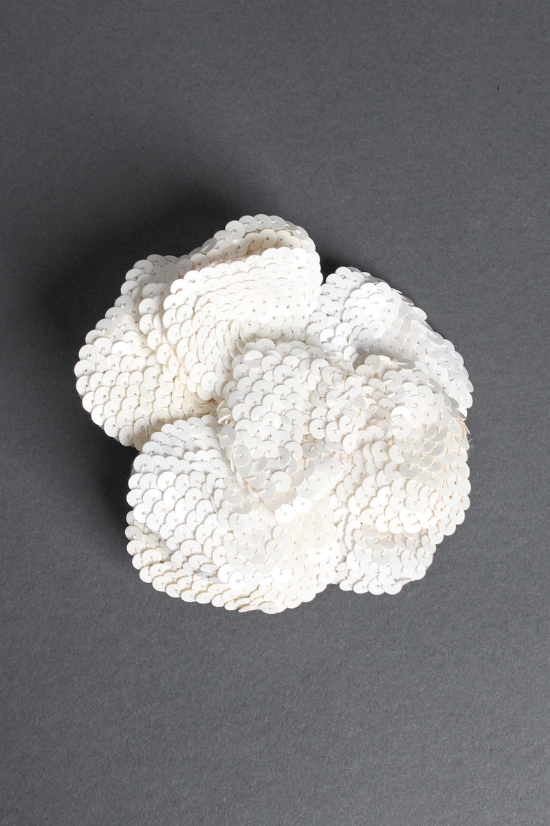 Vintage 1985 Ivory Sequin Camellia Flower Pin front aerial @ Recess LA