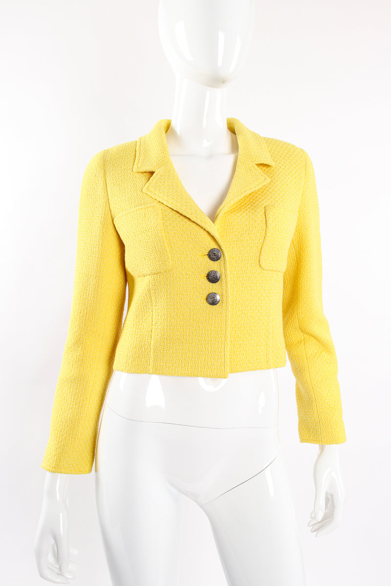 Vintage Chanel Yellow Basketweave Tweed Shrunken Jacket on Mannequin front at Recess Los Angeles