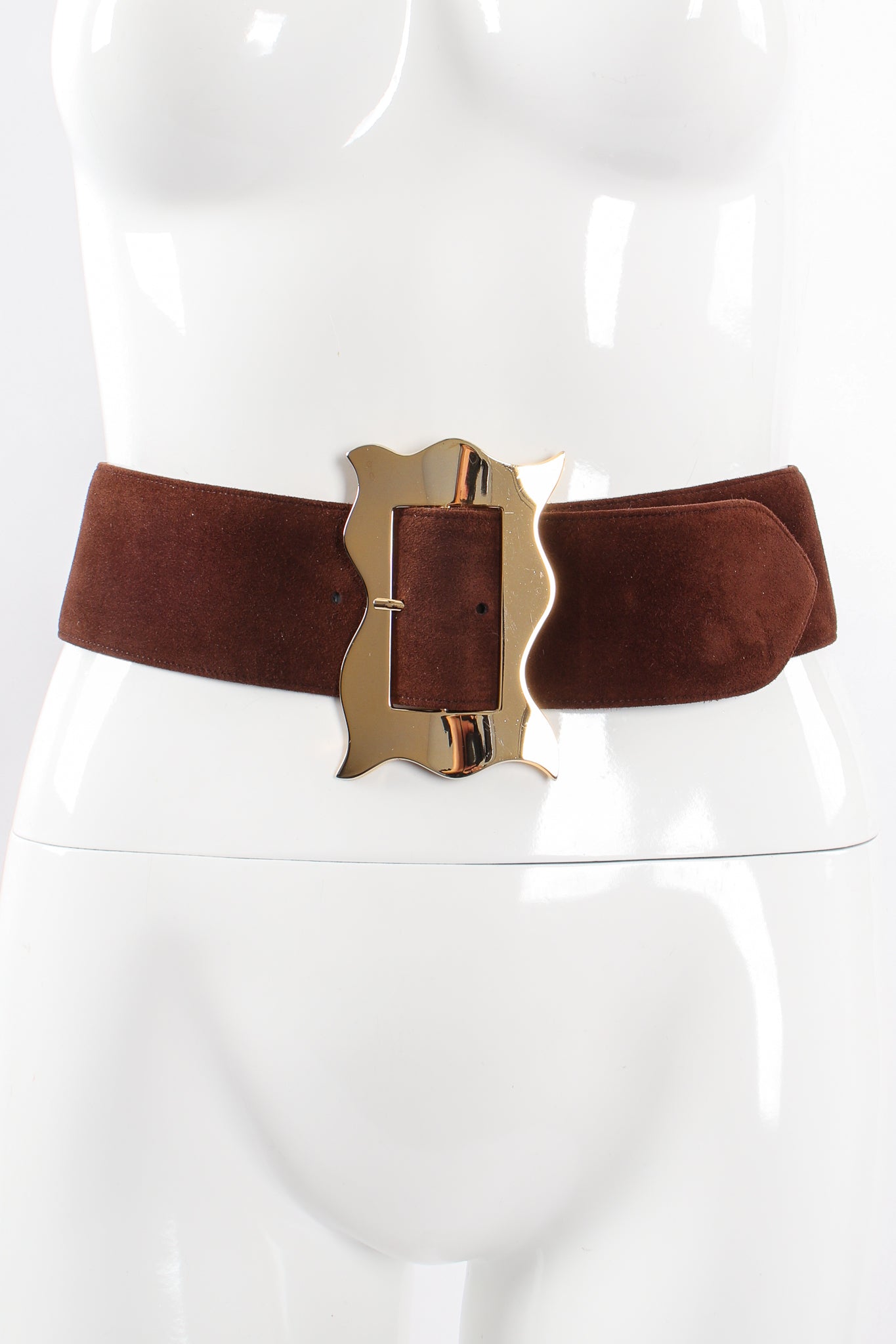 Vintage Charles Jourdan Wavy Frame Buckle Suede Belt on mannequin at Recess Los Angeles