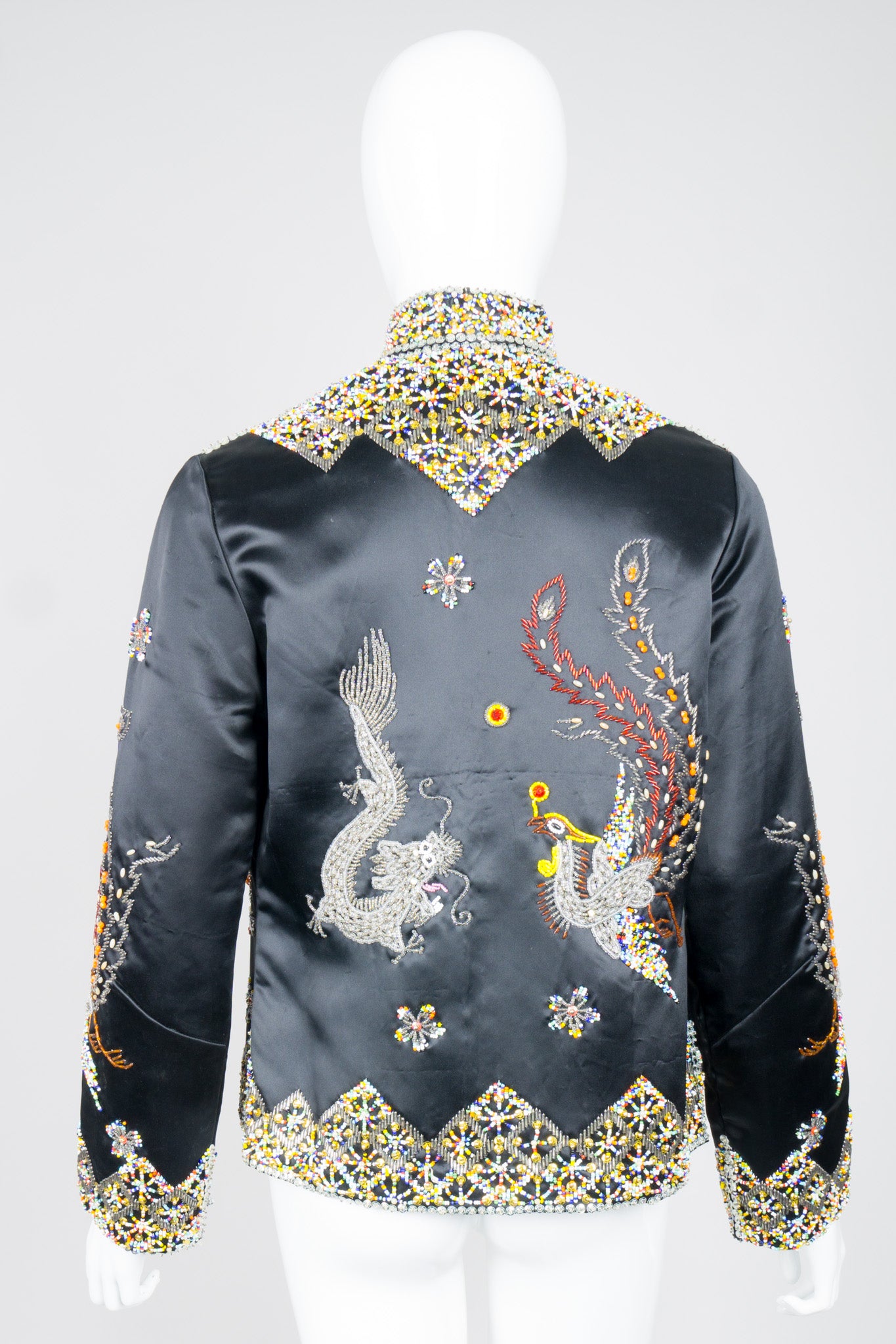 Vintage British Hong Kong Beaded Phoenix Silk Satin Zip Jacket