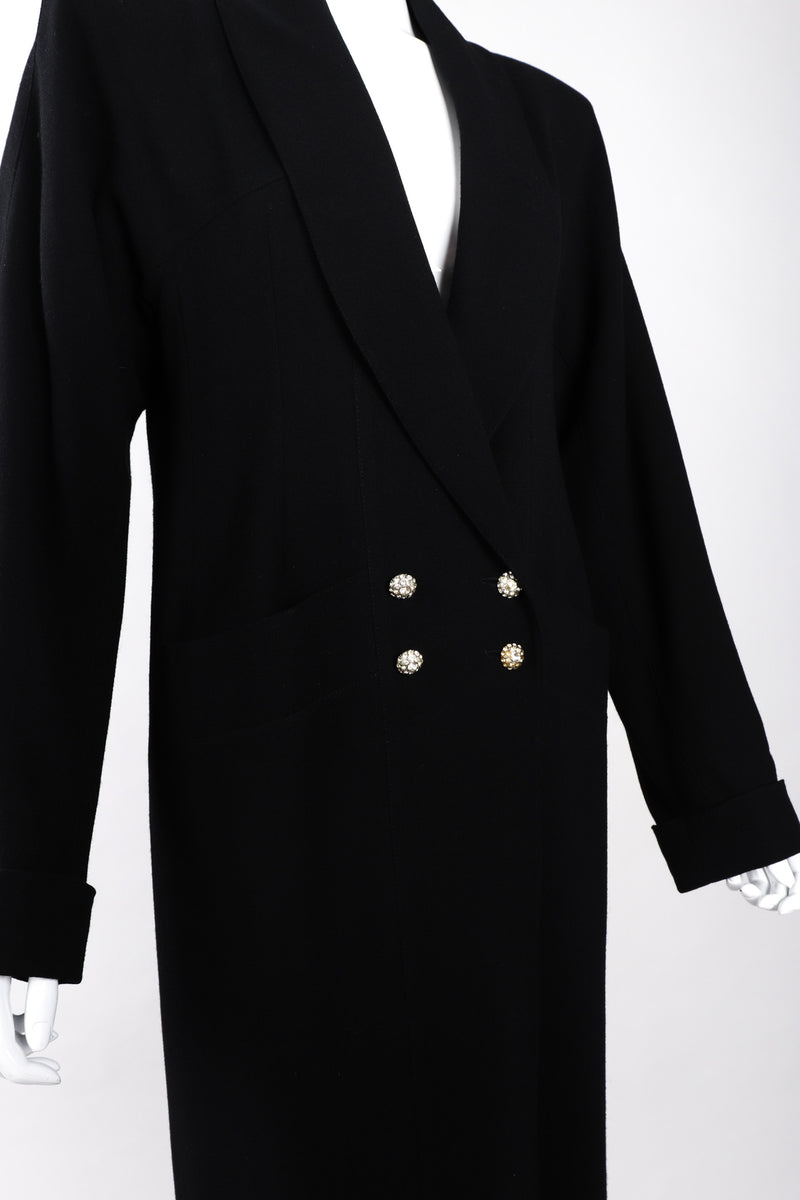 Recess Los Angeles Vintage Chloe Long Black Duster Double Breasted Coat Clean Lined Shawl Collar Cuffed Sleeves Rhinestone Buttons