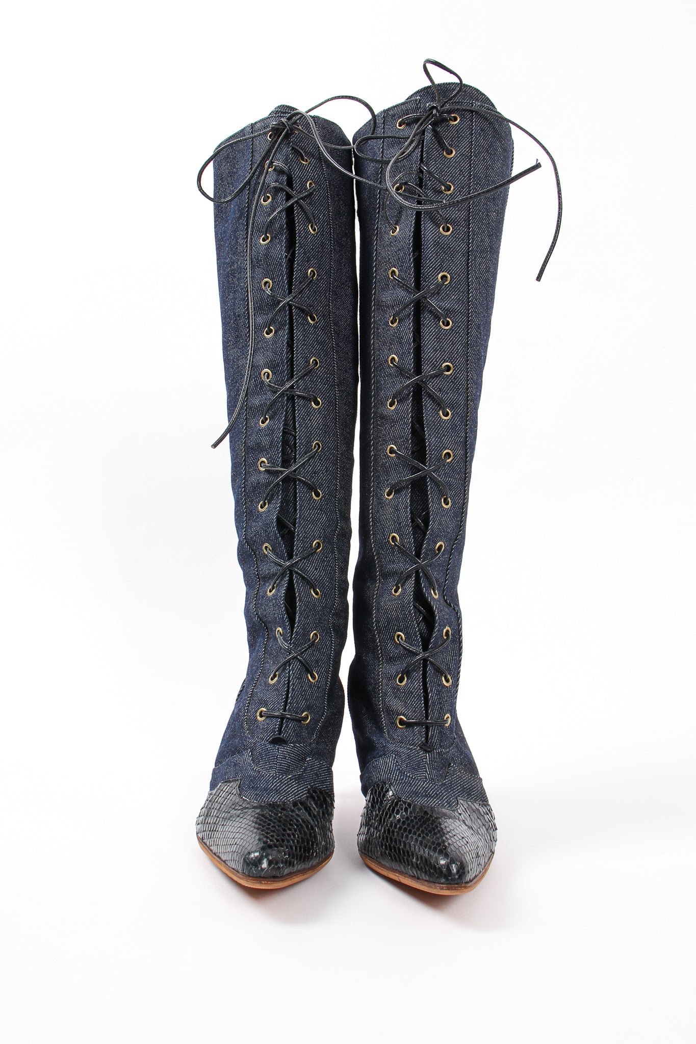 Vintage Christian Dior 2000 Indigo Snakeskin Denim Boots front at Recess Los Angeles