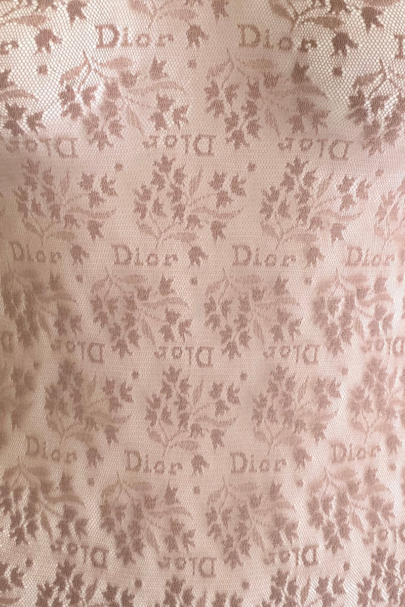 Vintage Christian Dior Deadstock Sheer Lace Logo Bodysuit fabric detail at Recess Los Angeles