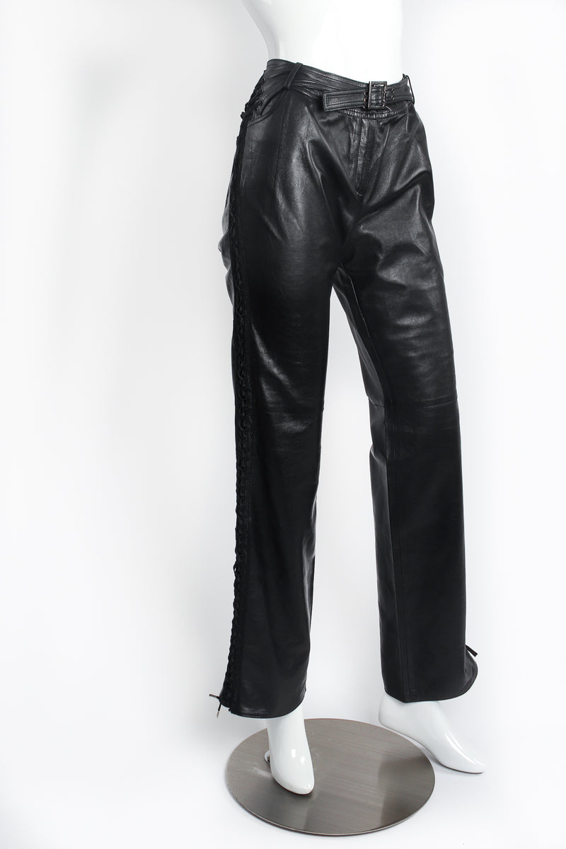 Vintage Christian Dior Leather Tuxedo Lace Plaque Pant on Mannequin angle at Recess Los Angeles