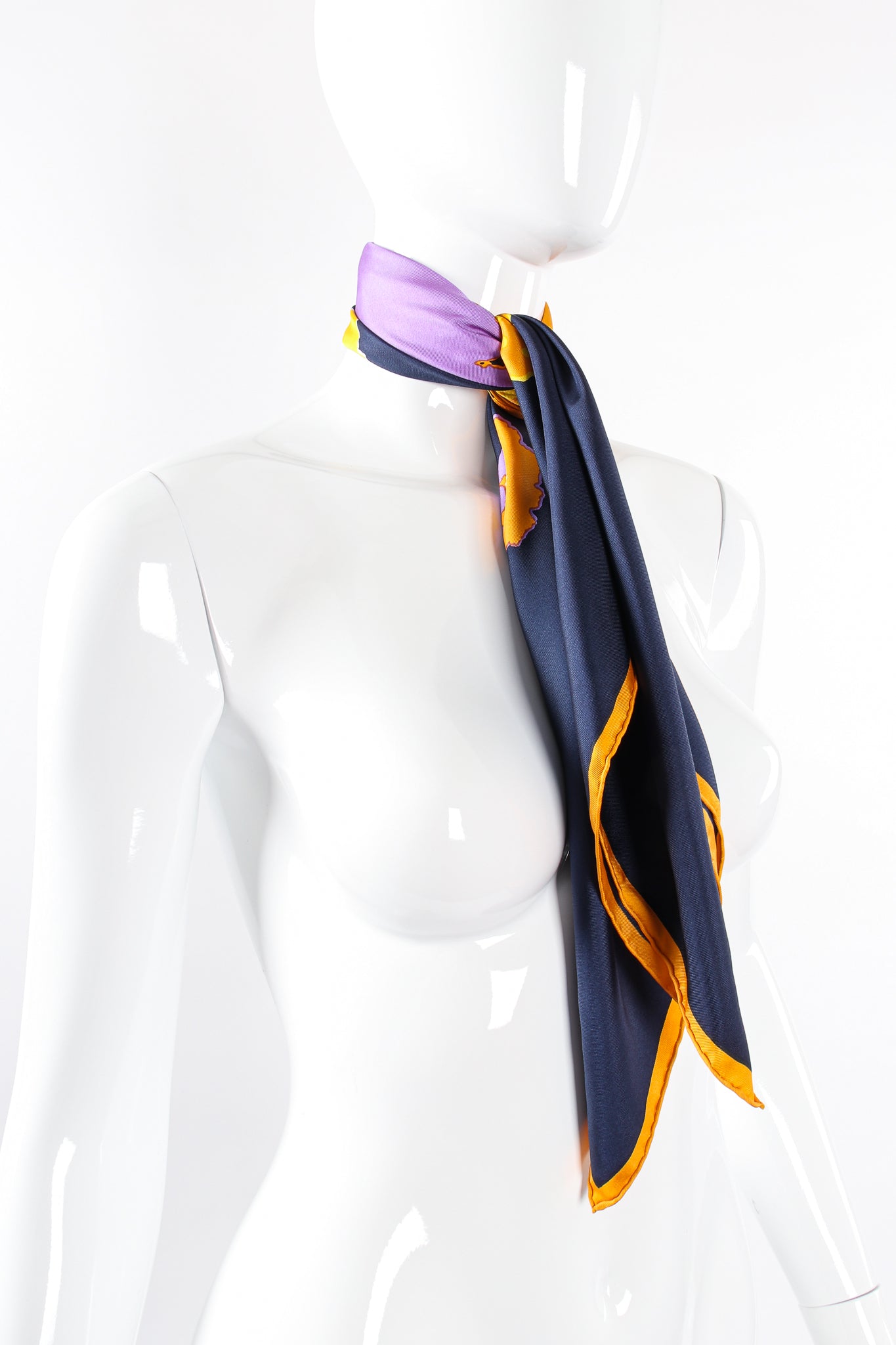 Vintage Christian Dior Poppy Art Silk Scarf on mannequin at Recess Los Angeles