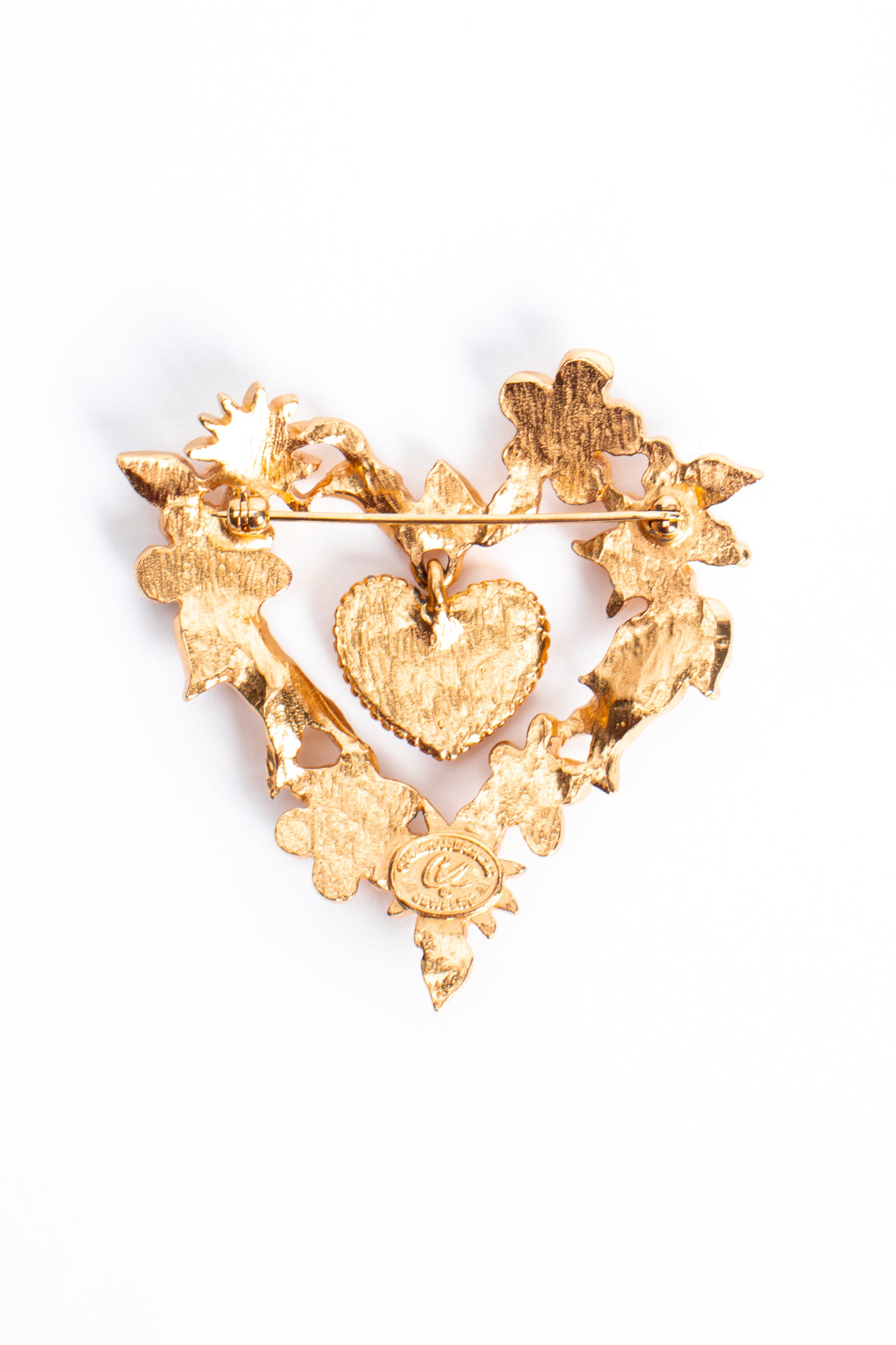 Vintage Christian Lacroix Floral Hearts of Gold Brooch backside at Recess Los Angeles