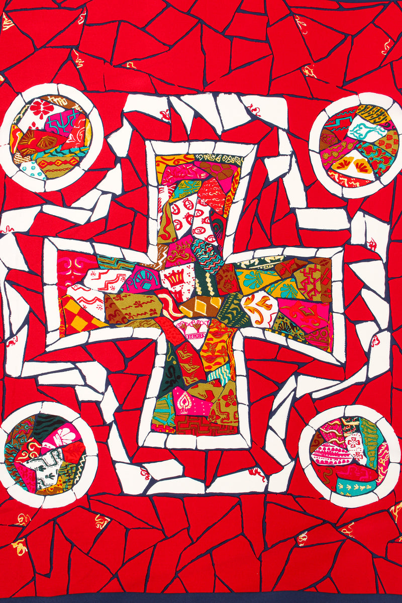 Vintage Christian Lacroix Mosaic Greek Cross Print Silk Scarf print detail at Recess Los Angeles