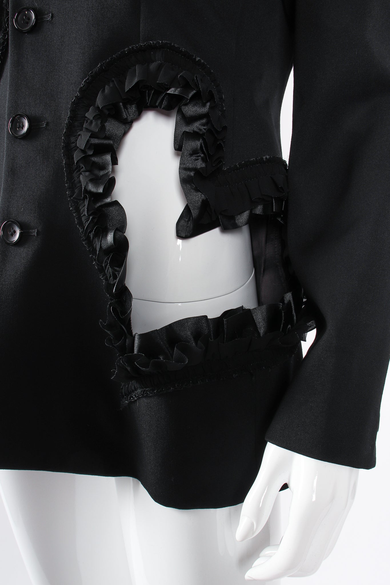 Vintage Comme des Garçons Ruffle Heart Cutout Jacket on Mannequin detail at Recess Los Angeles