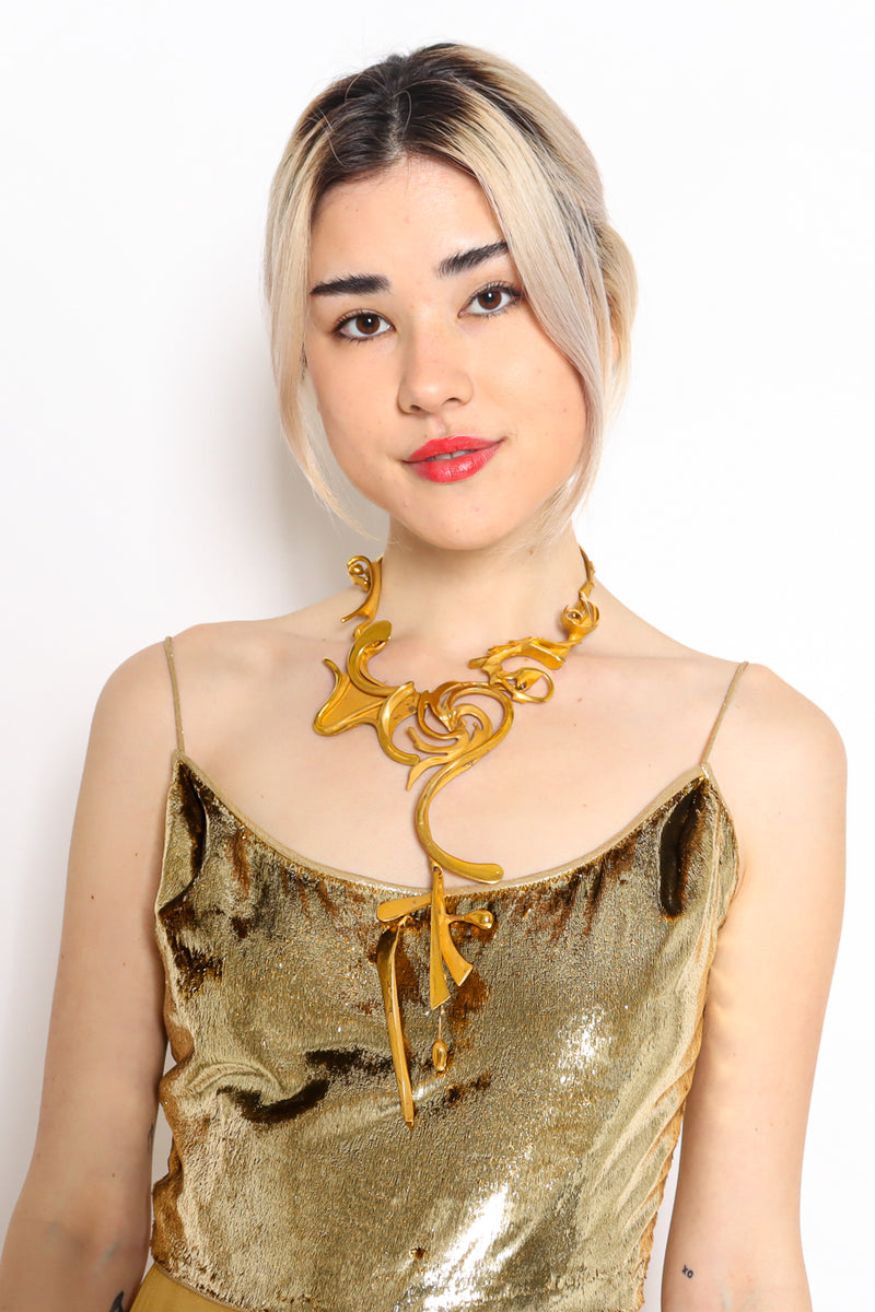 Vintage 1989 Jean-Claude Bonillo Abstract Fire Sculpture Necklace on model @ Recess Los Angeles