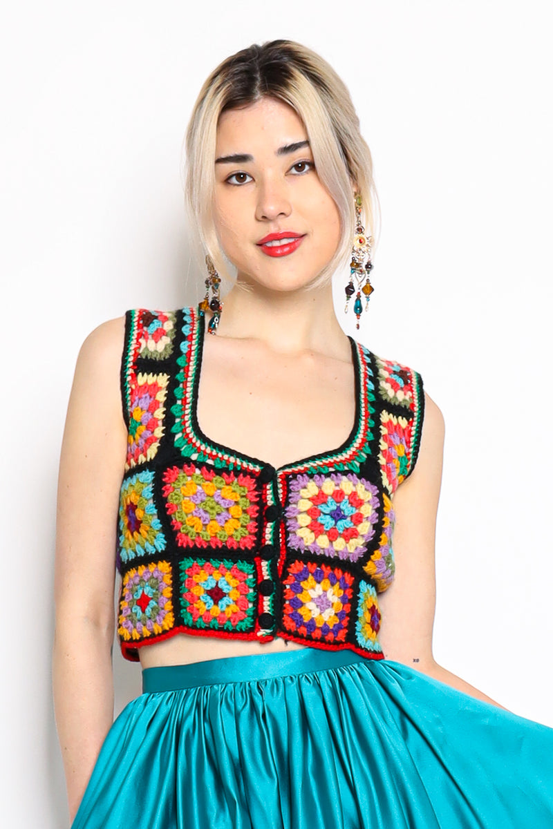 Vintage Adolfo for Tally Ho Wool Kaleidoscope Crop Vest on model Danielle @ Recess Los Angeles