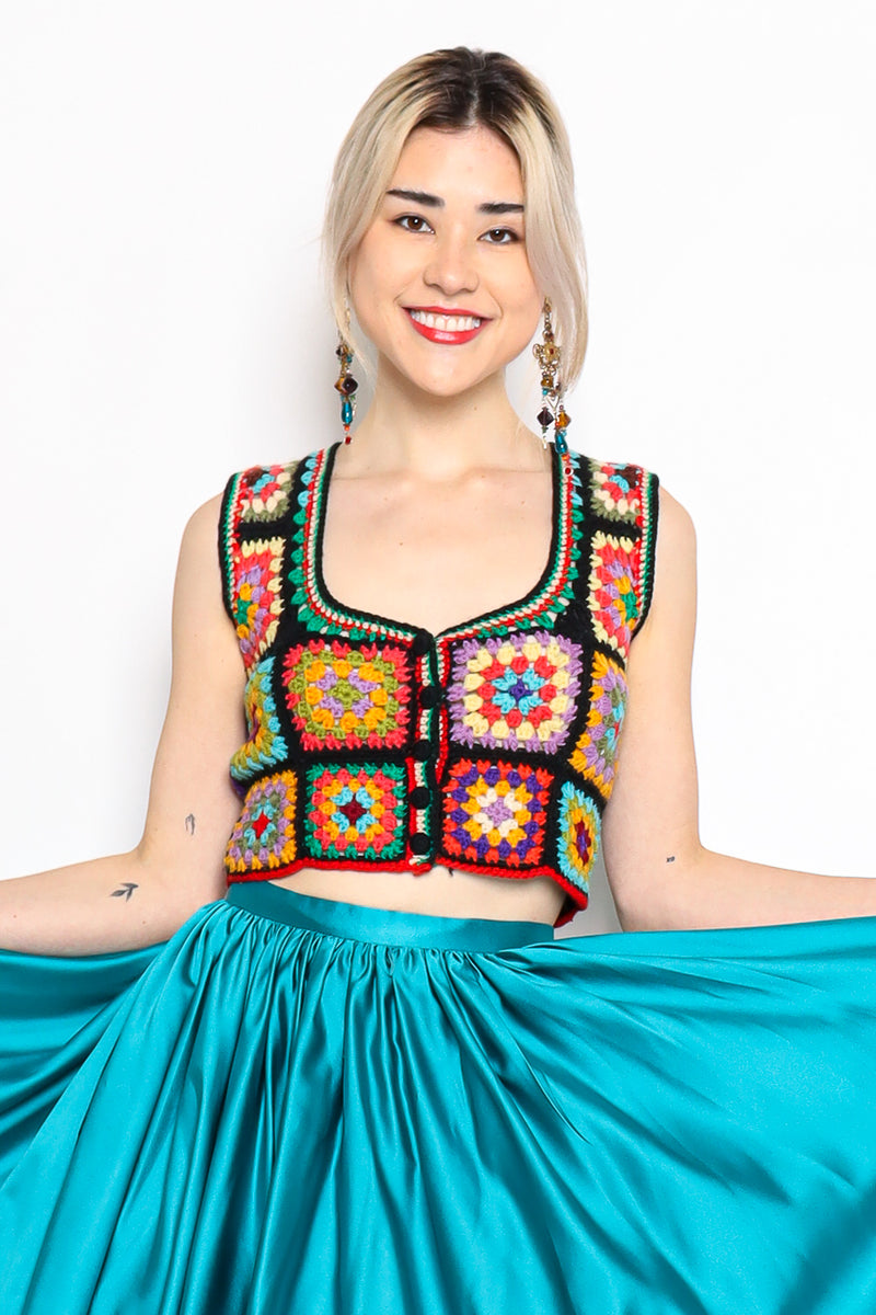 Vintage Adolfo for Tally Ho Wool Kaleidoscope Crop Vest on model Danielle @ Recess Los Angeles