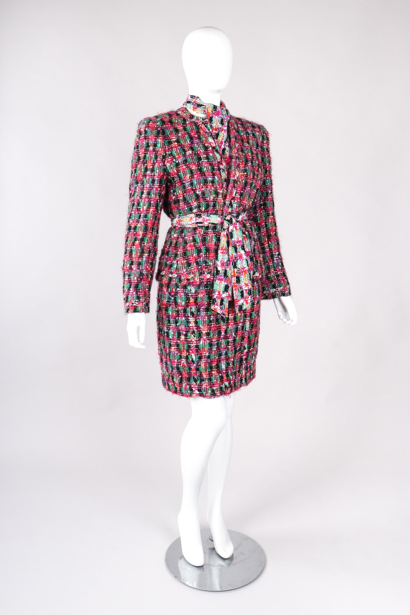 Recess Los Angeles Vintage David Hayes 5 Piece Chanel Bright Pink Tweed Jacket & Skirt Outfit Skirt Suit Set