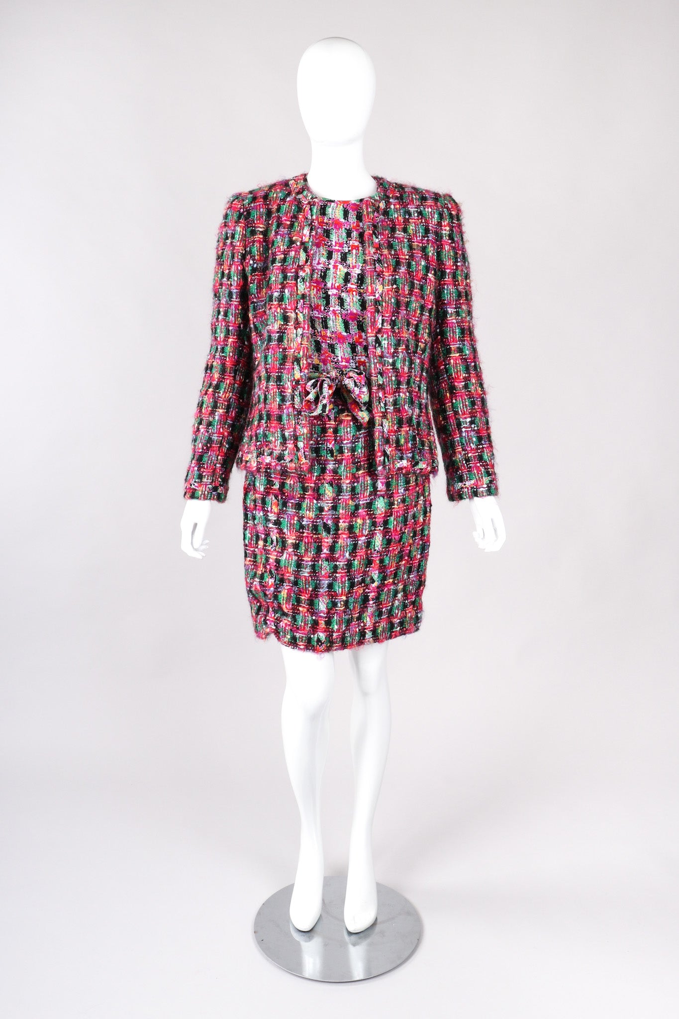 Recess Los Angeles Vintage David Hayes 5 Piece Chanel Bright Pink Tweed Jacket & Skirt Outfit Skirt Suit Set