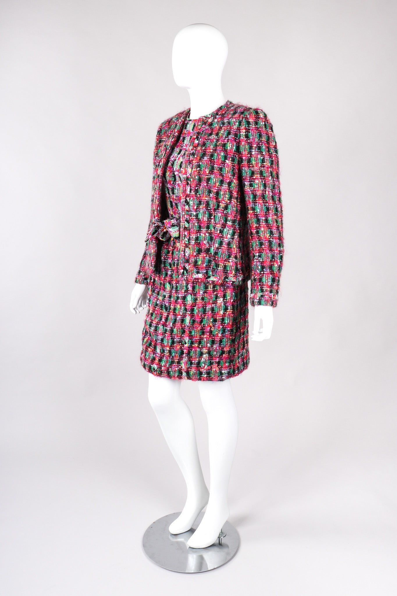 Recess Los Angeles Vintage David Hayes 5 Piece Chanel Bright Pink Tweed Jacket & Skirt Outfit Skirt Suit Set