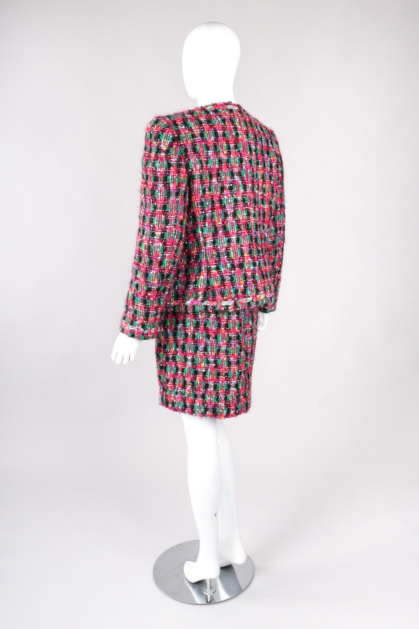 Recess Los Angeles Vintage David Hayes 5 Piece Chanel Bright Pink Tweed Jacket & Skirt Outfit Skirt Suit Set