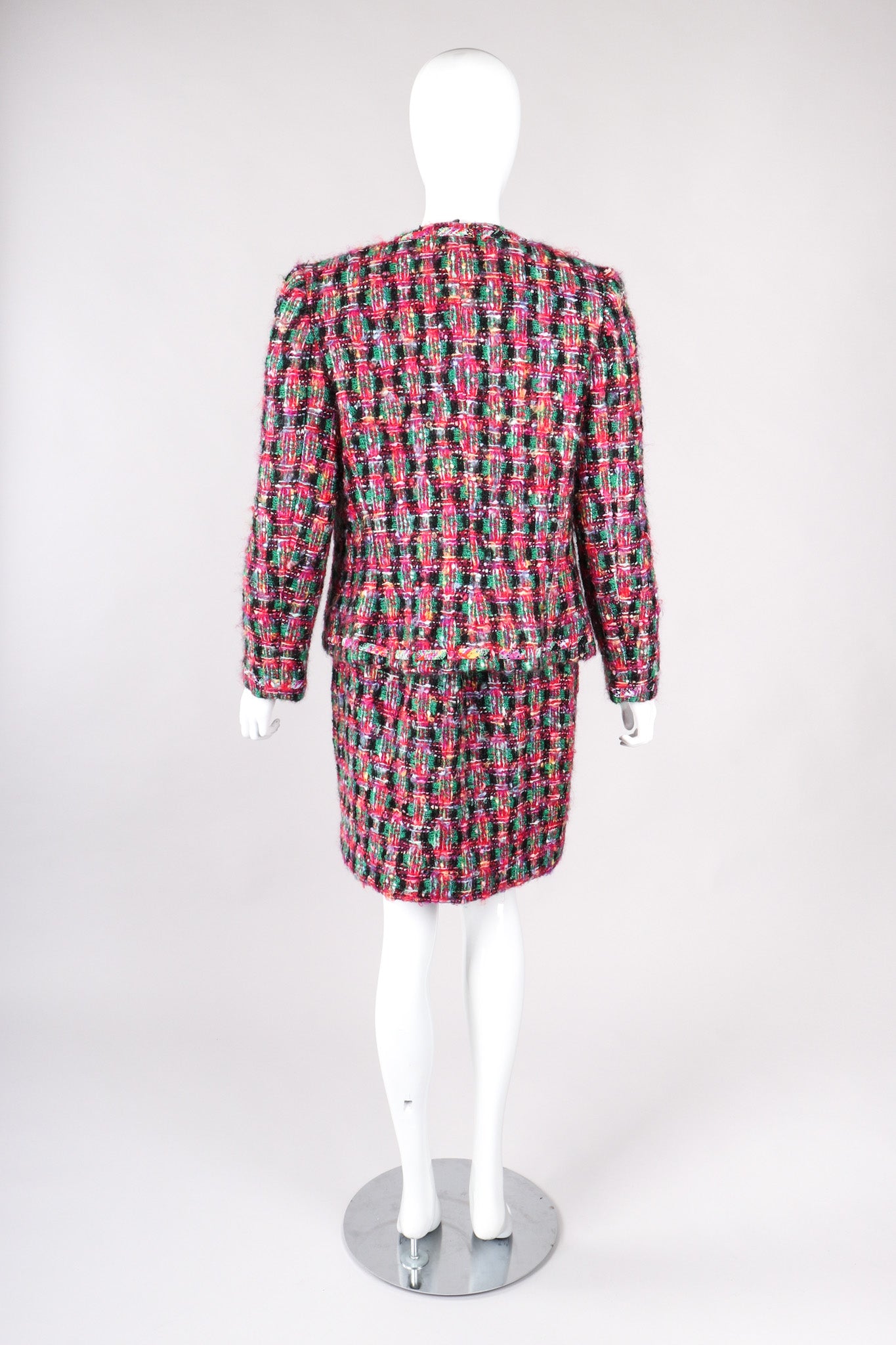 Recess Los Angeles Vintage David Hayes 5 Piece Chanel Bright Pink Tweed Jacket & Skirt Outfit Skirt Suit Set