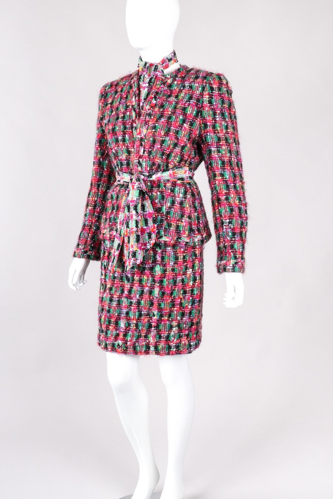 Recess Los Angeles Vintage David Hayes 5 Piece Chanel Bright Pink Tweed Jacket & Skirt Outfit Skirt Suit Set