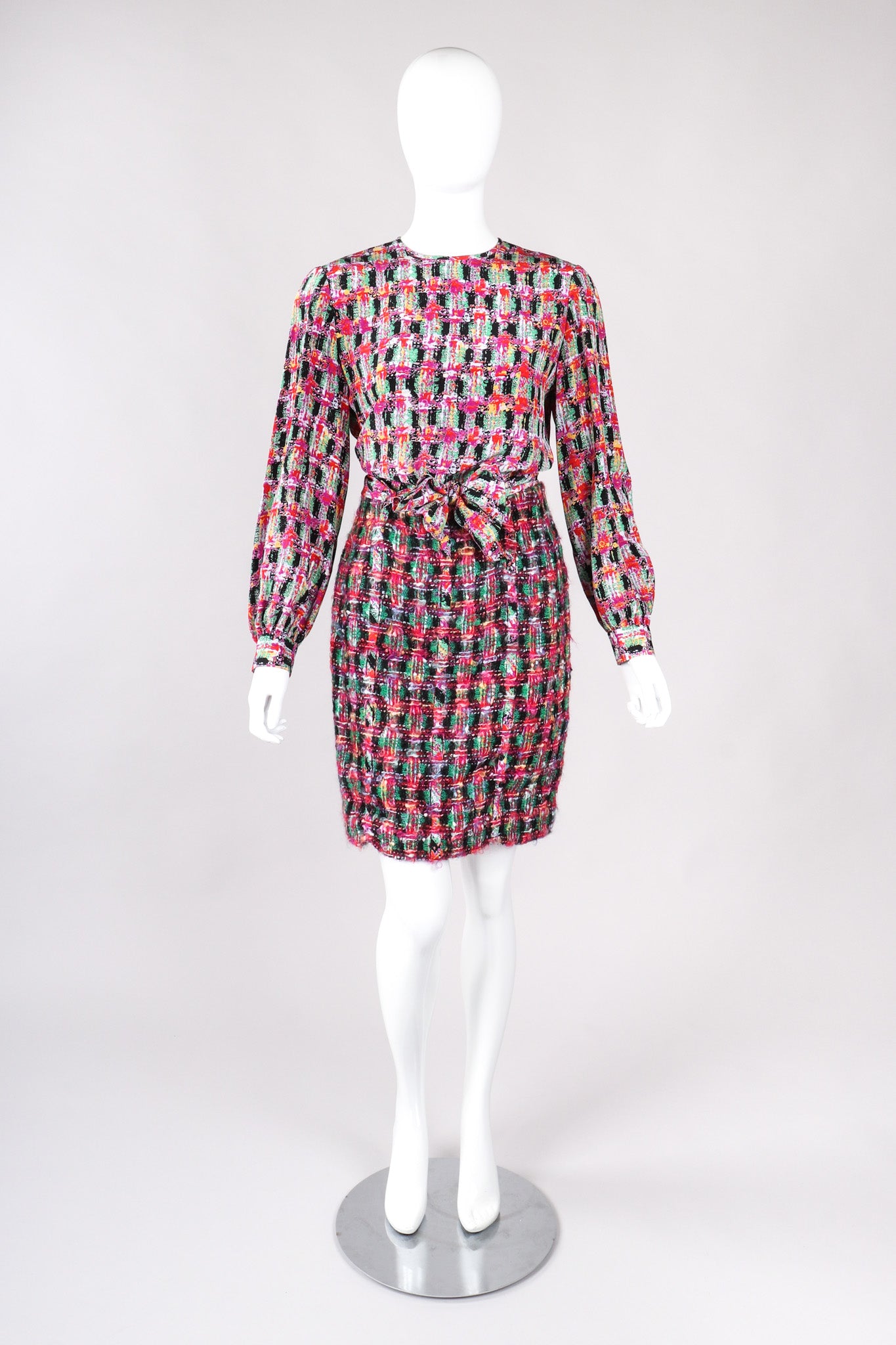 Recess Los Angeles Vintage David Hayes 5 Piece Chanel Bright Pink Tweed Jacket & Skirt Outfit Skirt Suit Set