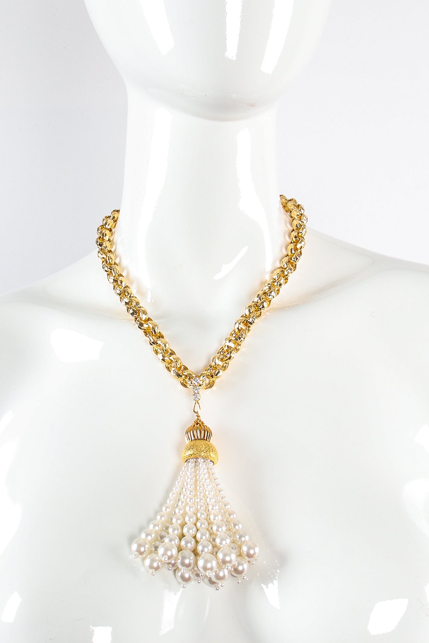 Vintage William deLillo Pearl Tassel Drop Necklace on mannequin at Recess Los Angeles