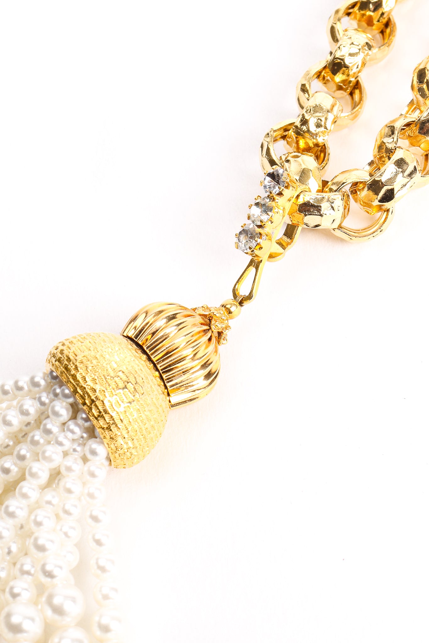 Vintage William deLillo Pearl Tassel Drop Necklace rhinestone loop at Recess Los Angeles